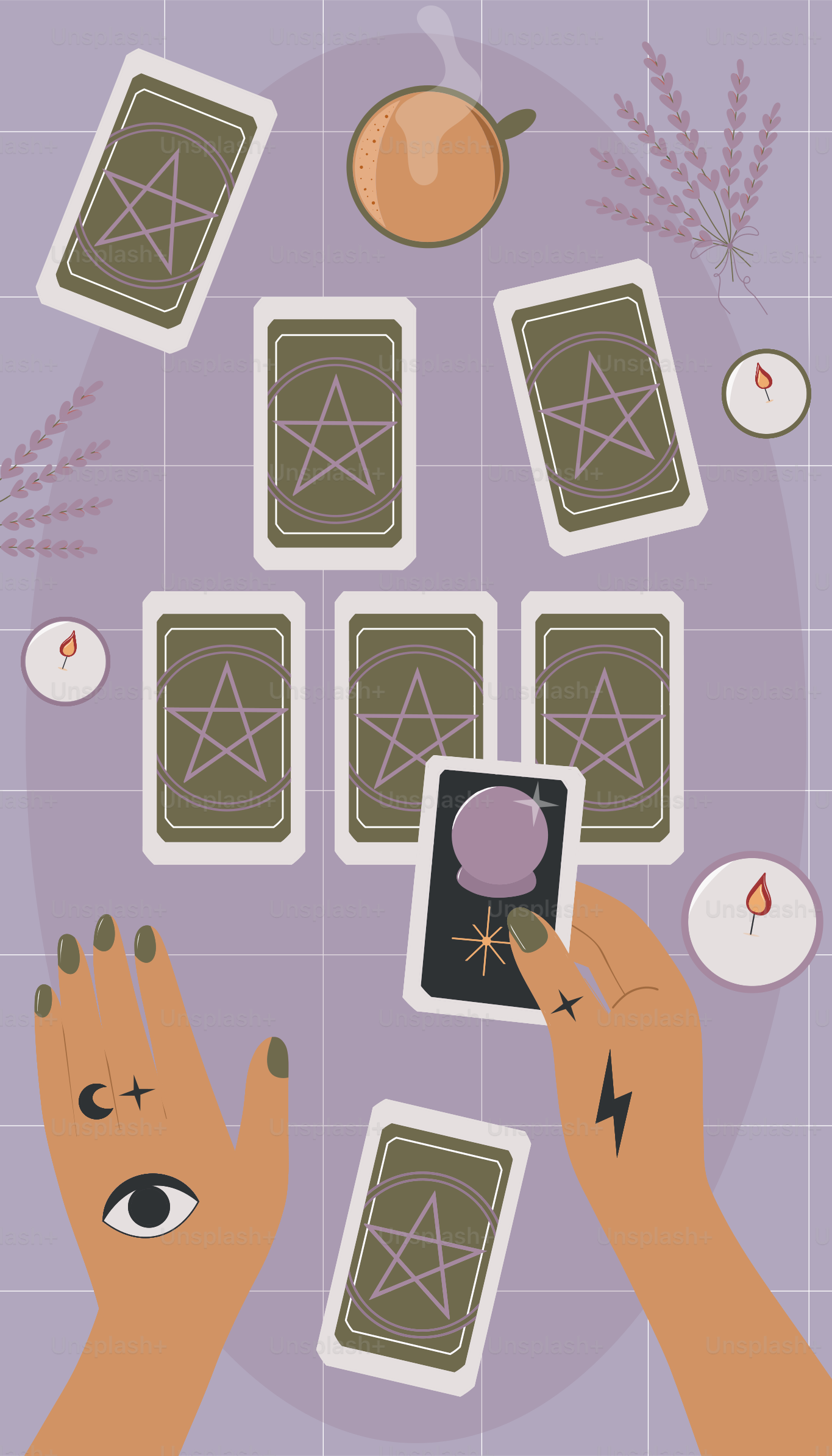 A tarot card reading is underway.