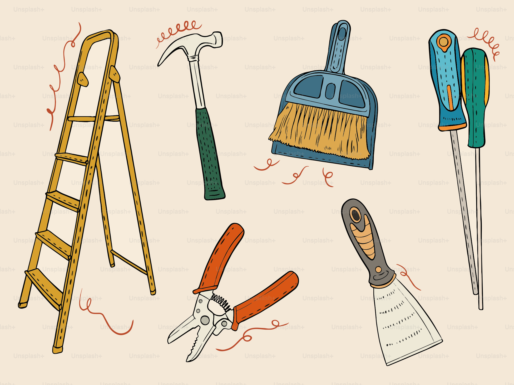 Various tools are shown in an illustrated image.