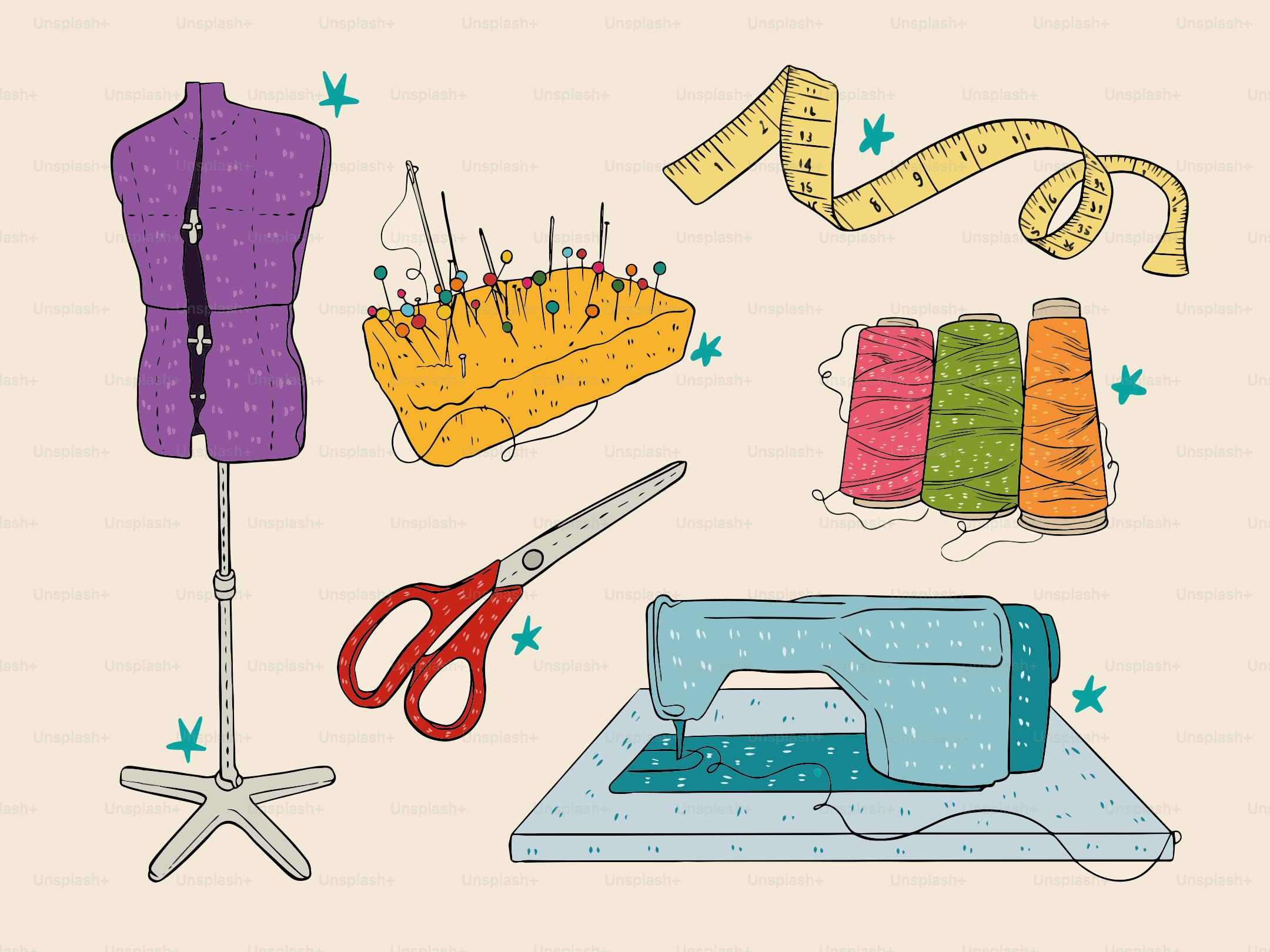 Sewing tools and equipment are displayed in the image.