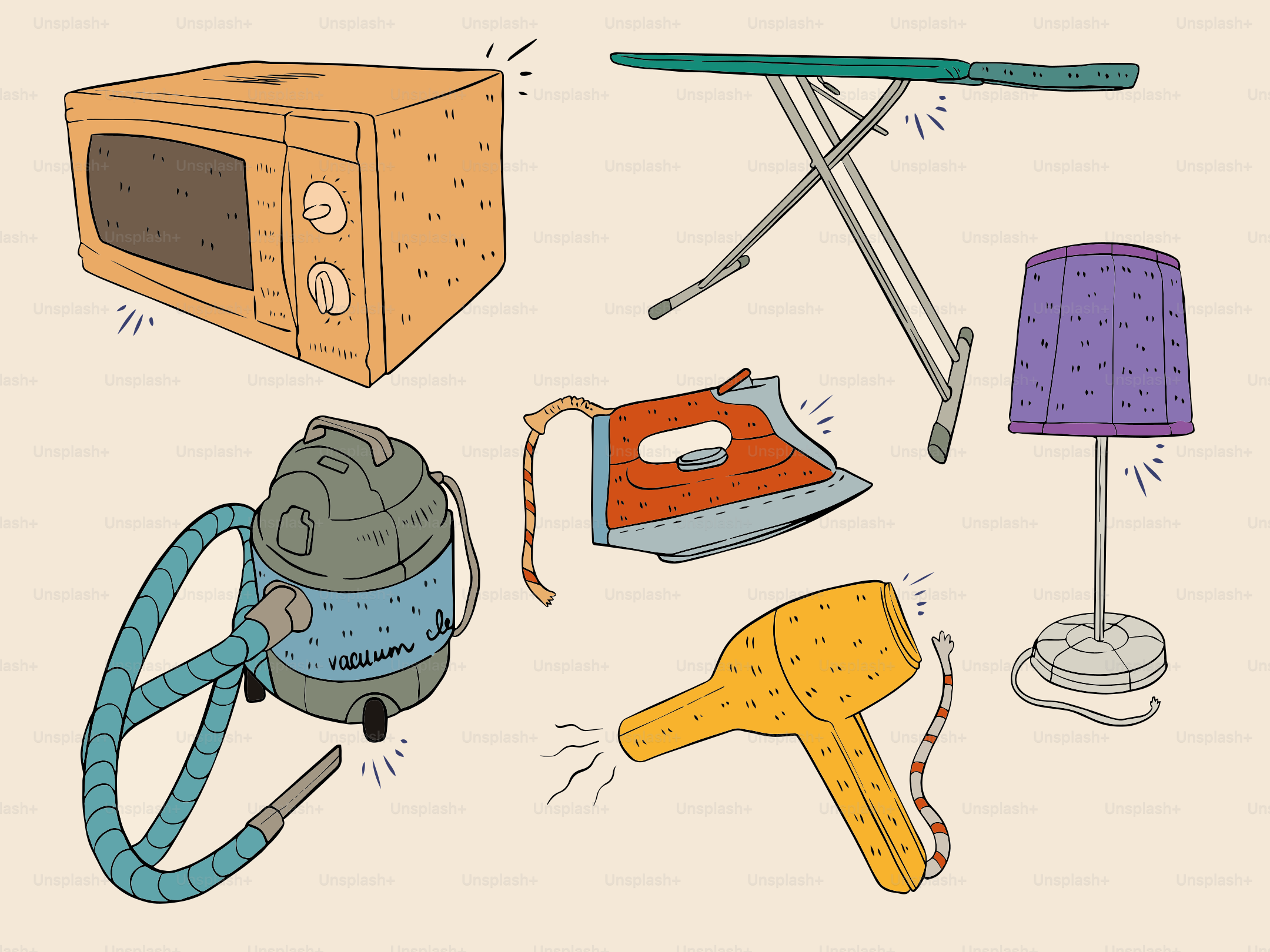 Household appliances are illustrated in a simple style.