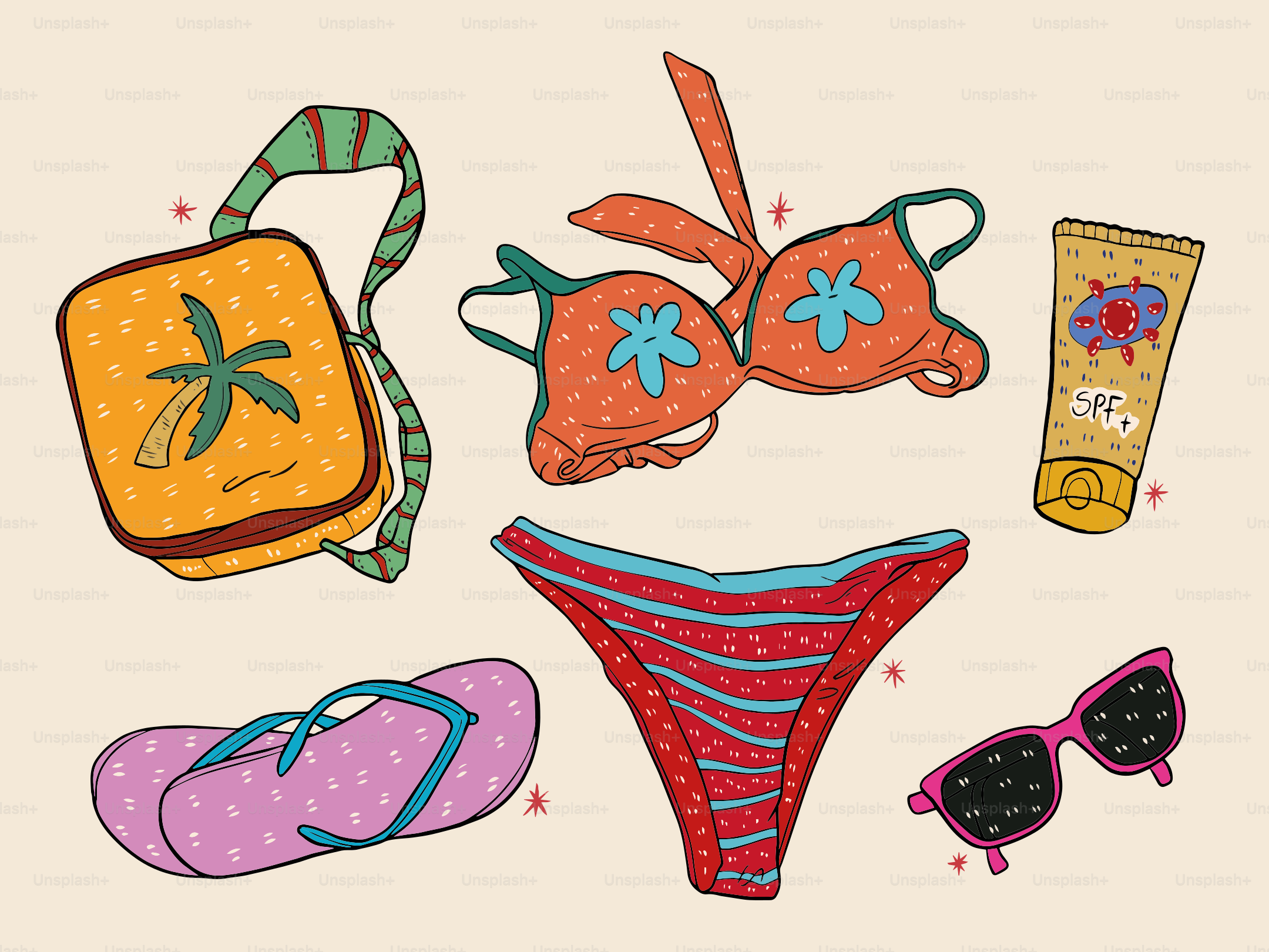 Beach essentials: bikini, sunglasses, bag, sunscreen, and flip-flops.