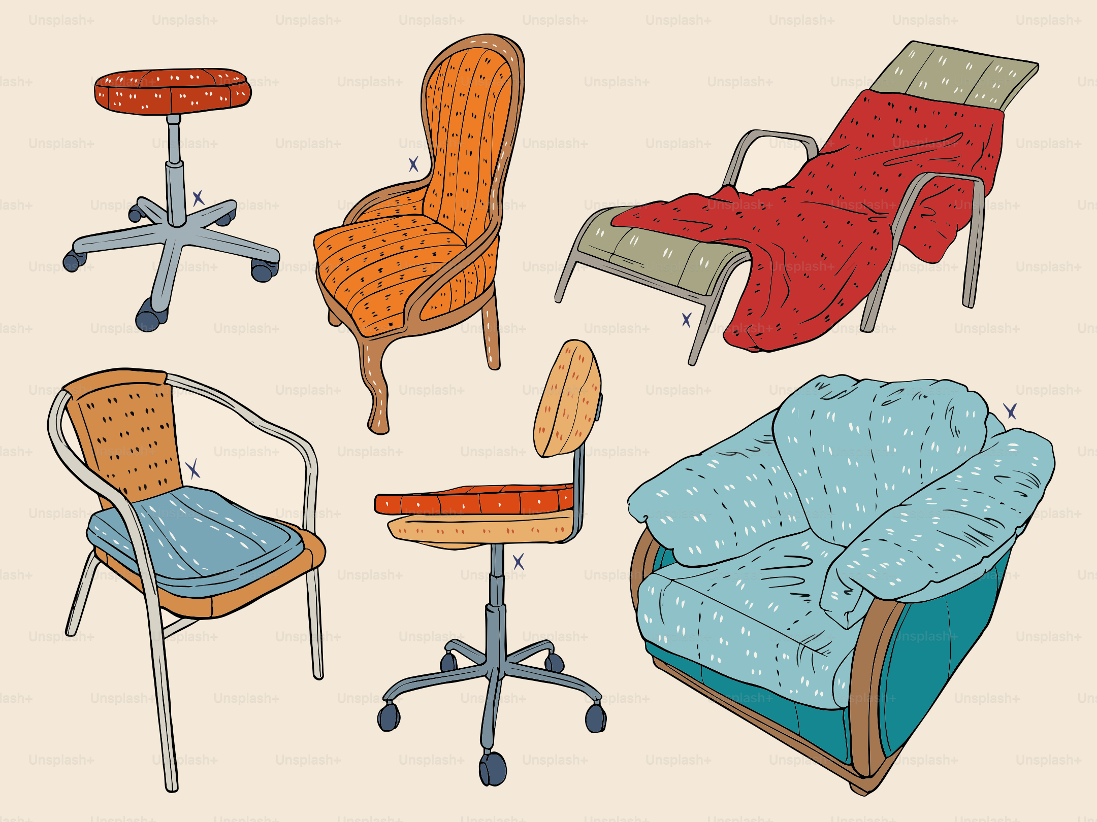 The image shows different illustrations of various chairs.