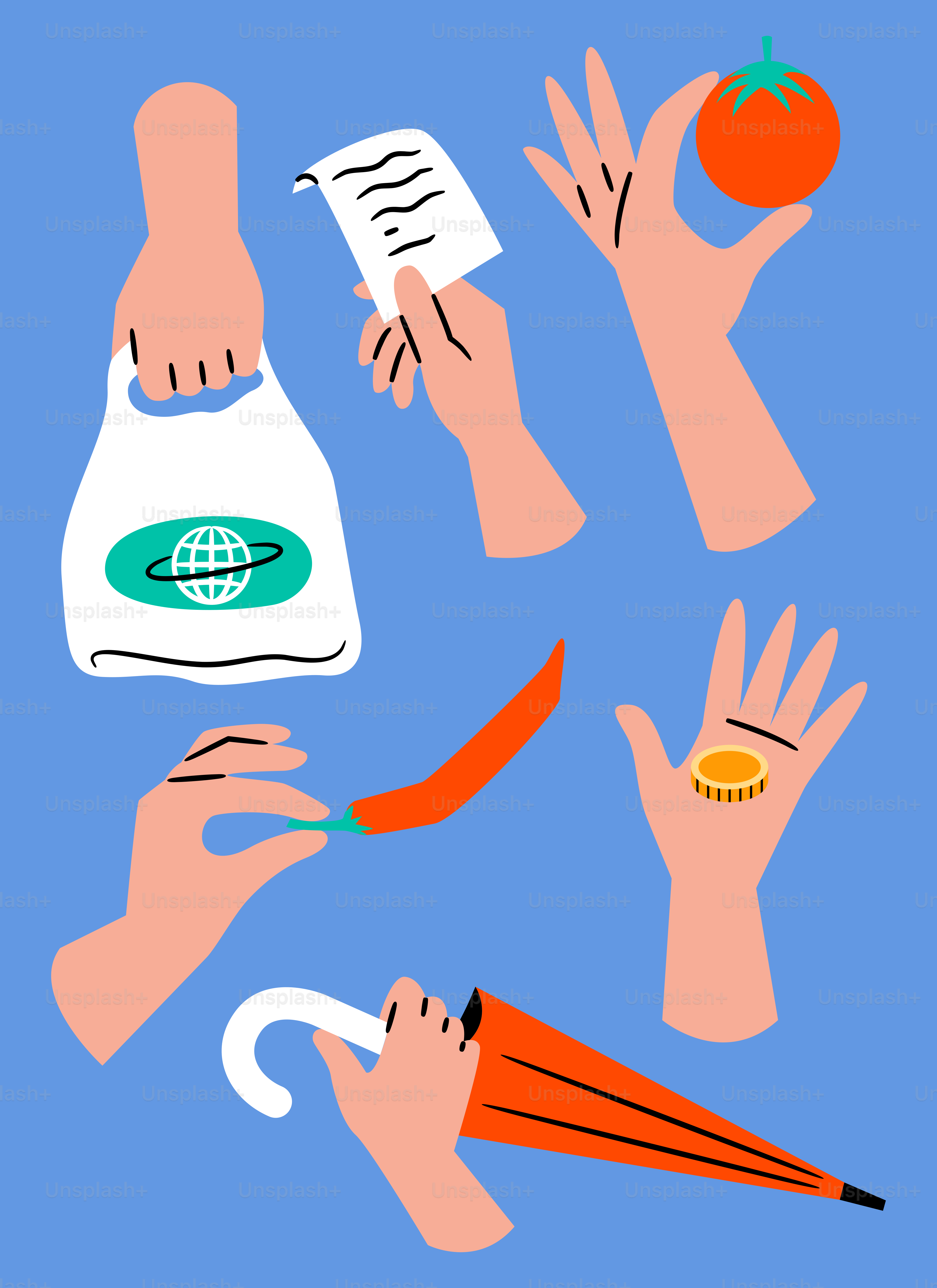 As mãos seguram vários objetos, incluindo mantimentos e um guarda-chuva.