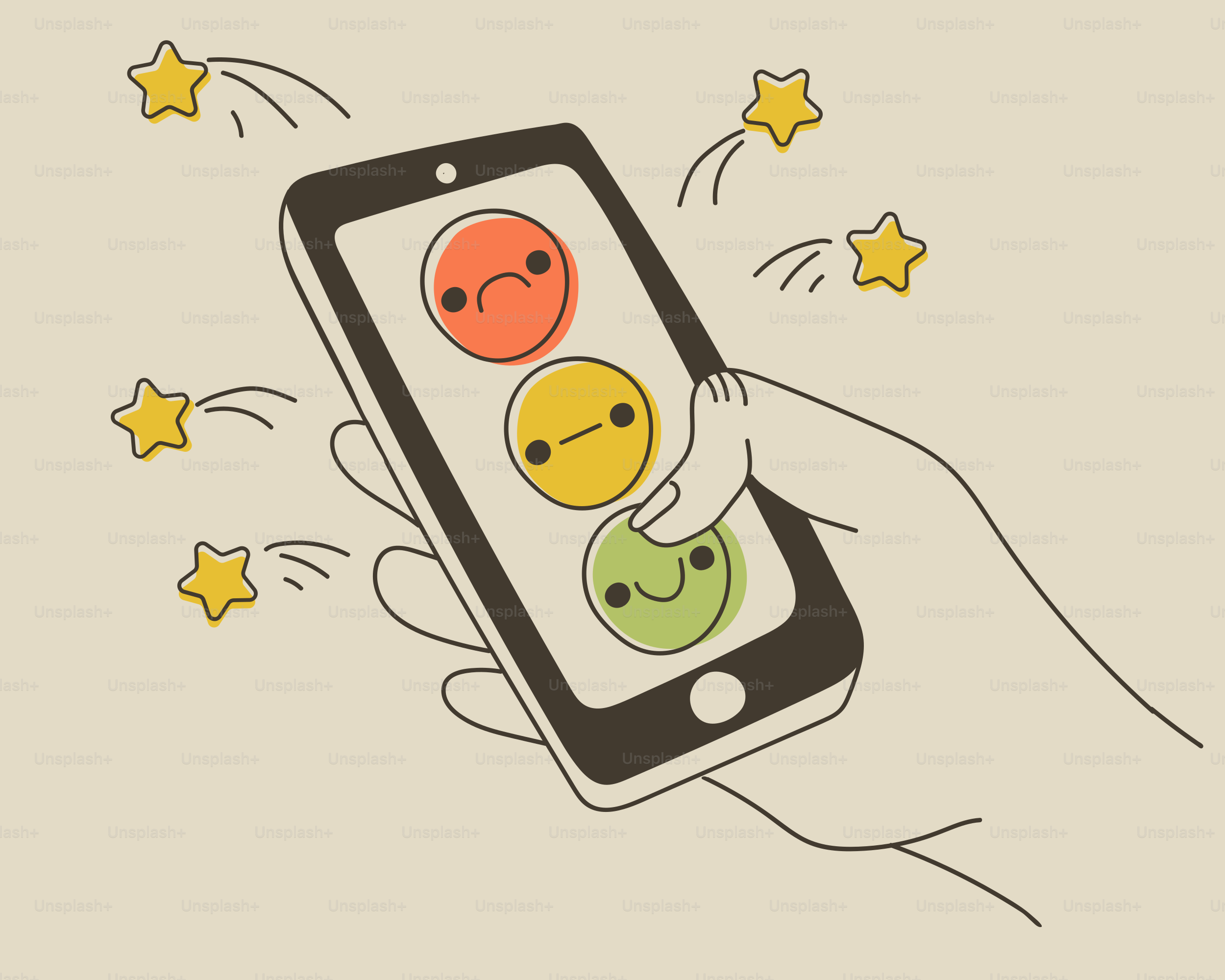 Une main tient un téléphone avec des émoticônes de feedback.