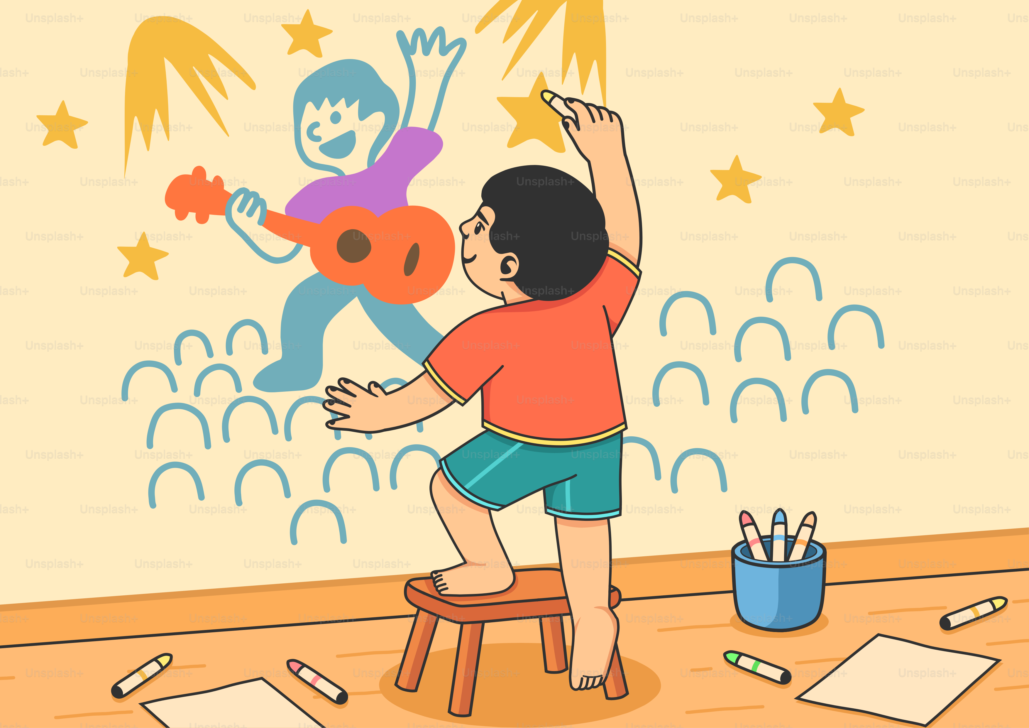 A boy paints a picture of himself on a wall.