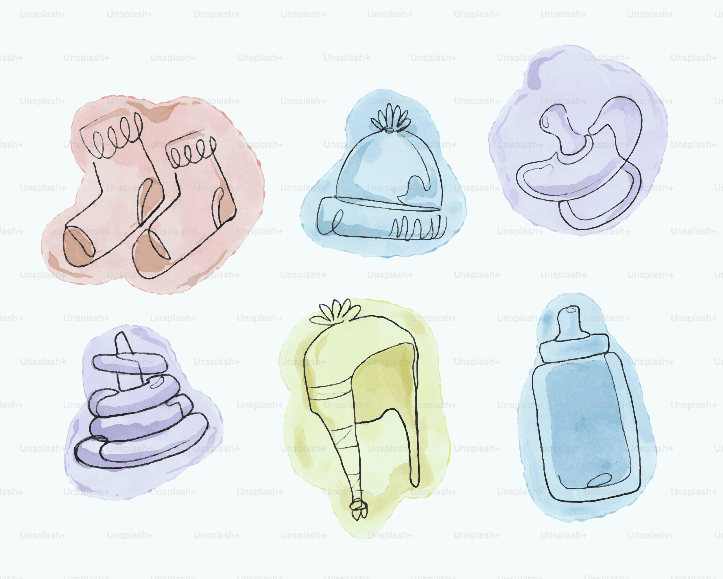 Esenciales para bebés dibujados con acentos en acuarela.