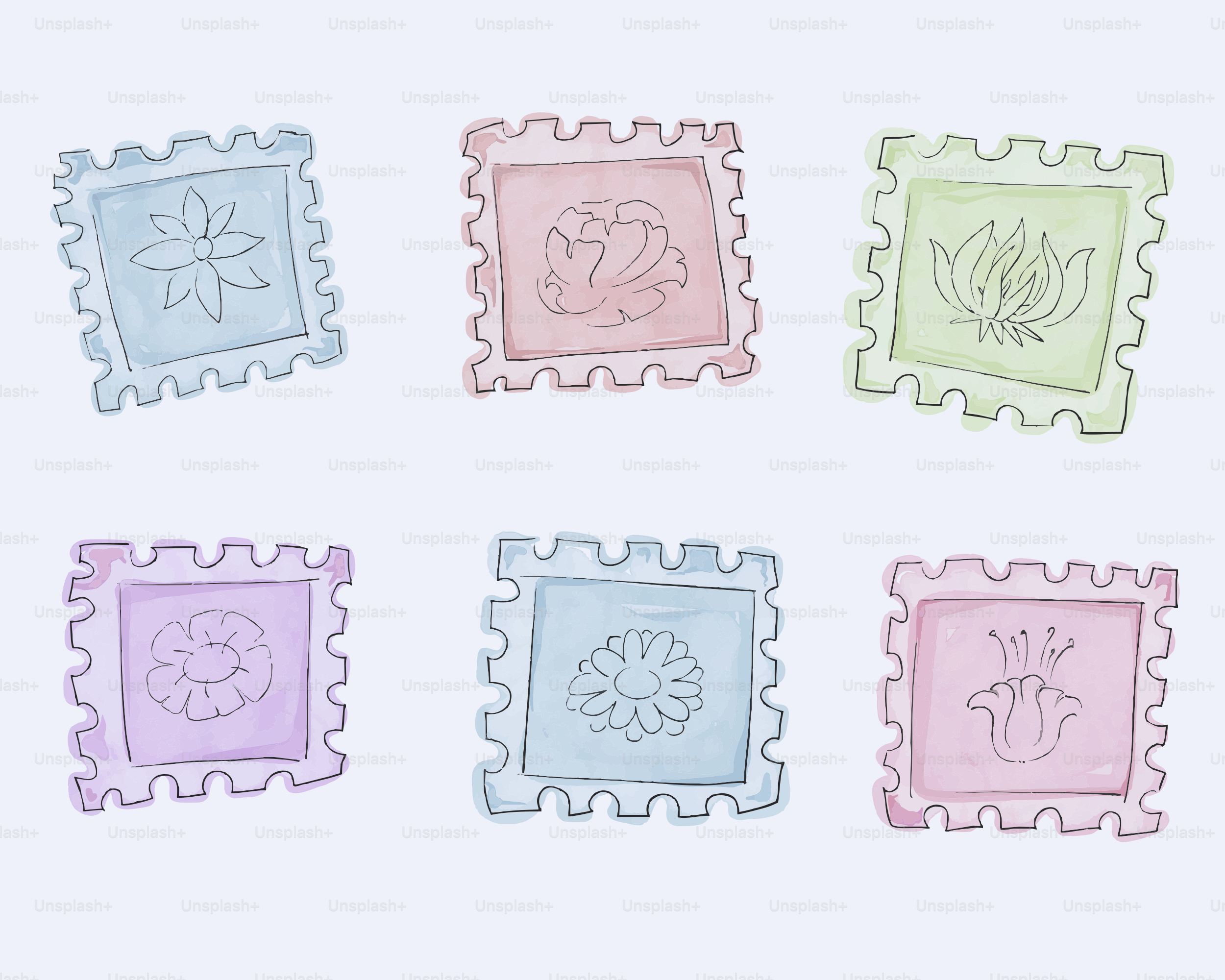 Watercolor floral stamps on a light background.