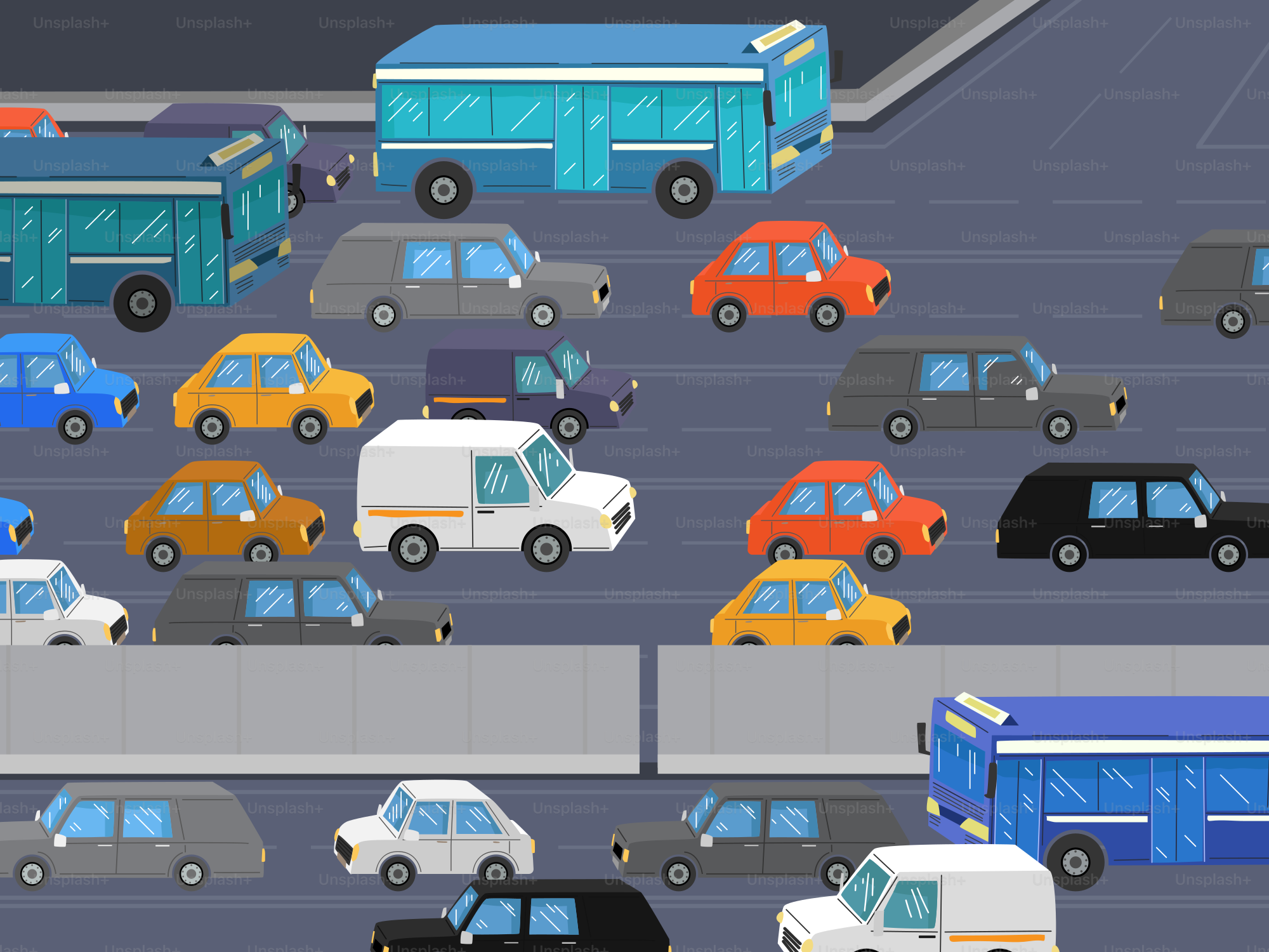 Los coches y autobuses están atascados en el tráfico.