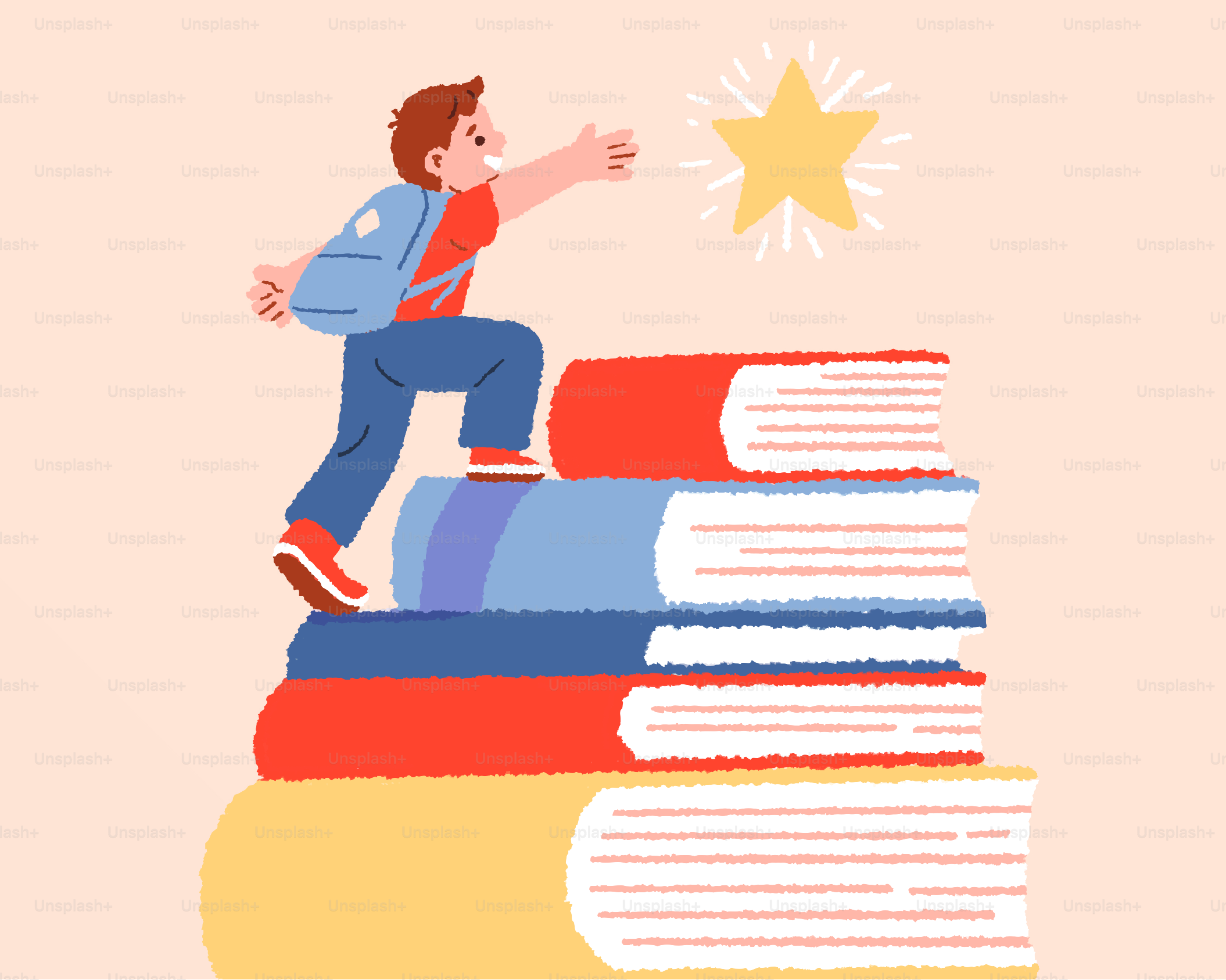 Menino escala livros para alcançar uma estrela brilhante