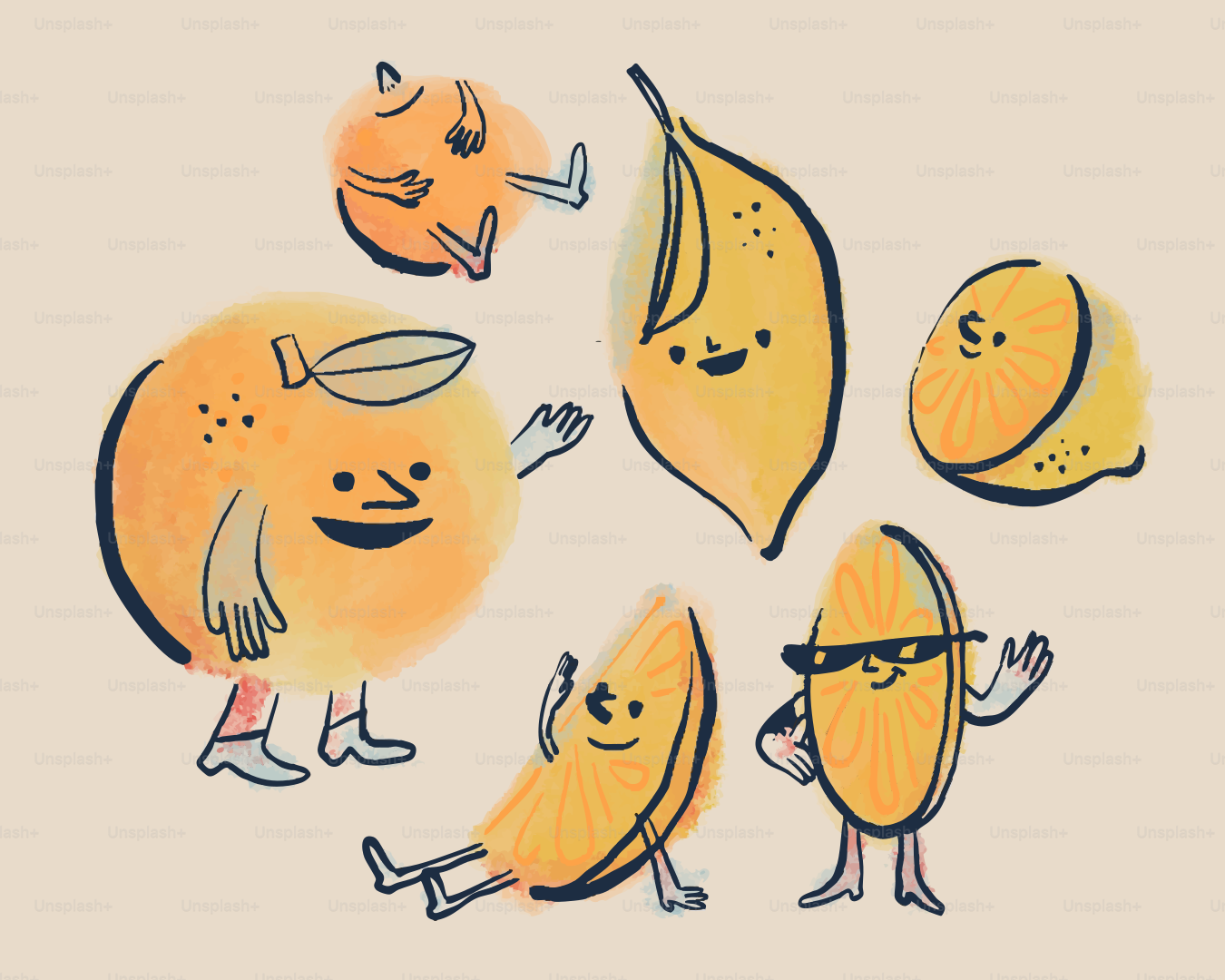 Happy citrus friends are smiling and relaxing.