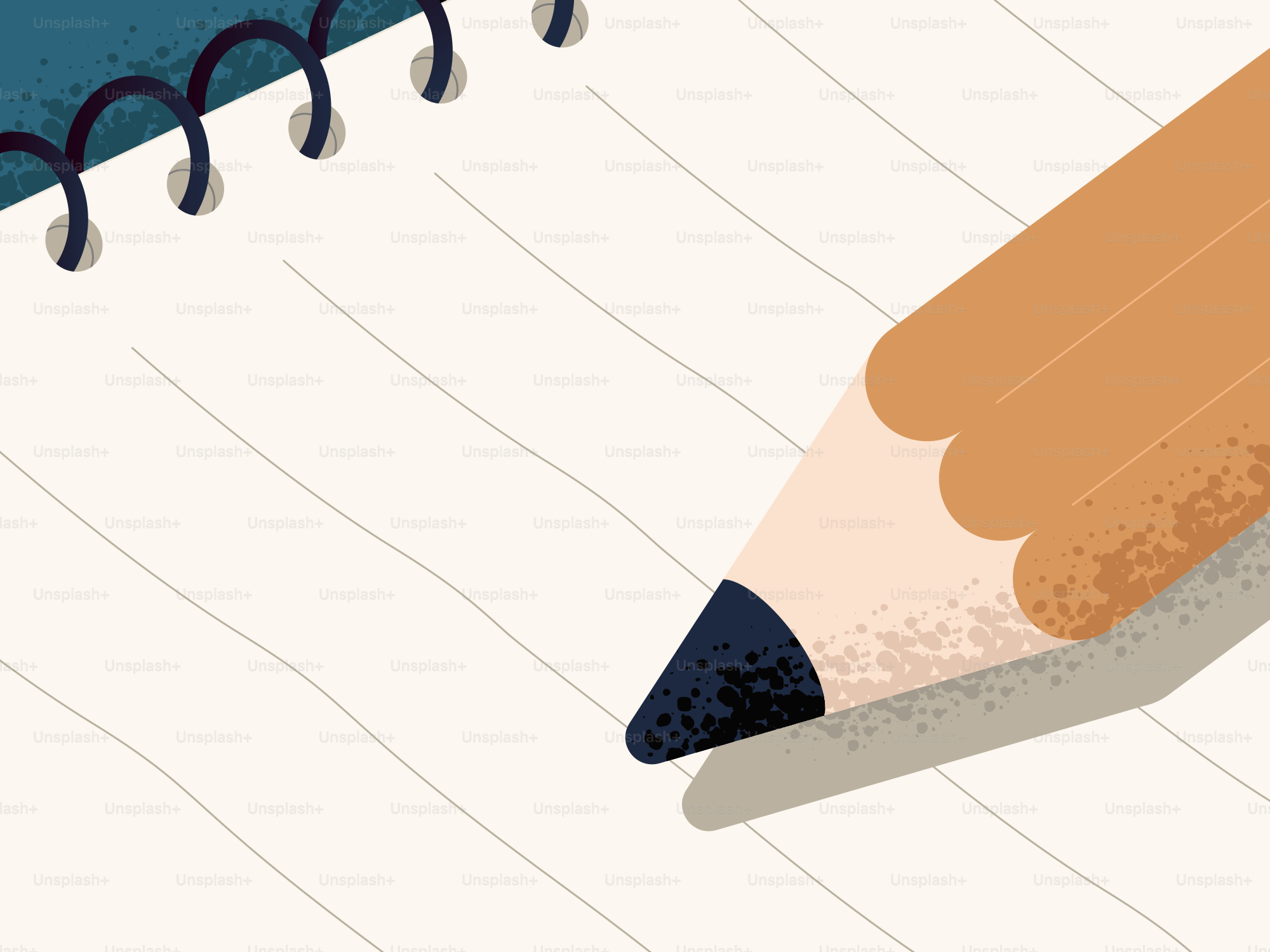 A pencil is writing on a lined notebook.