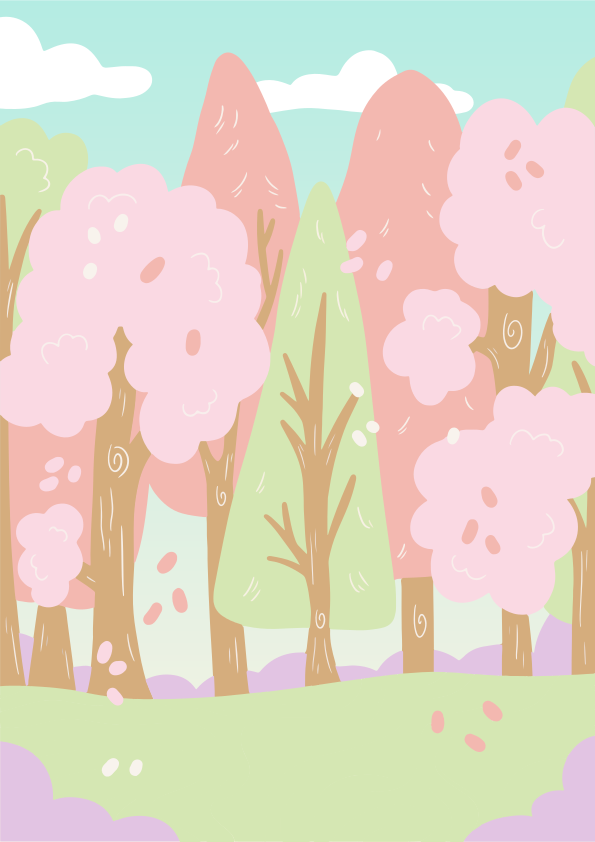 ピンクや緑の木々が幻想的な森を満たしています。