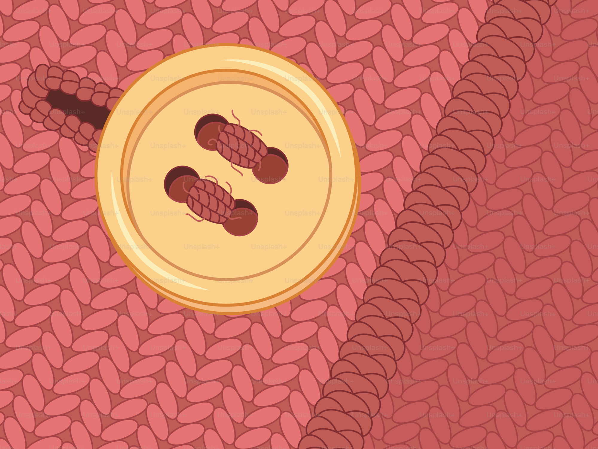 A wooden button is fastened to knitted fabric.