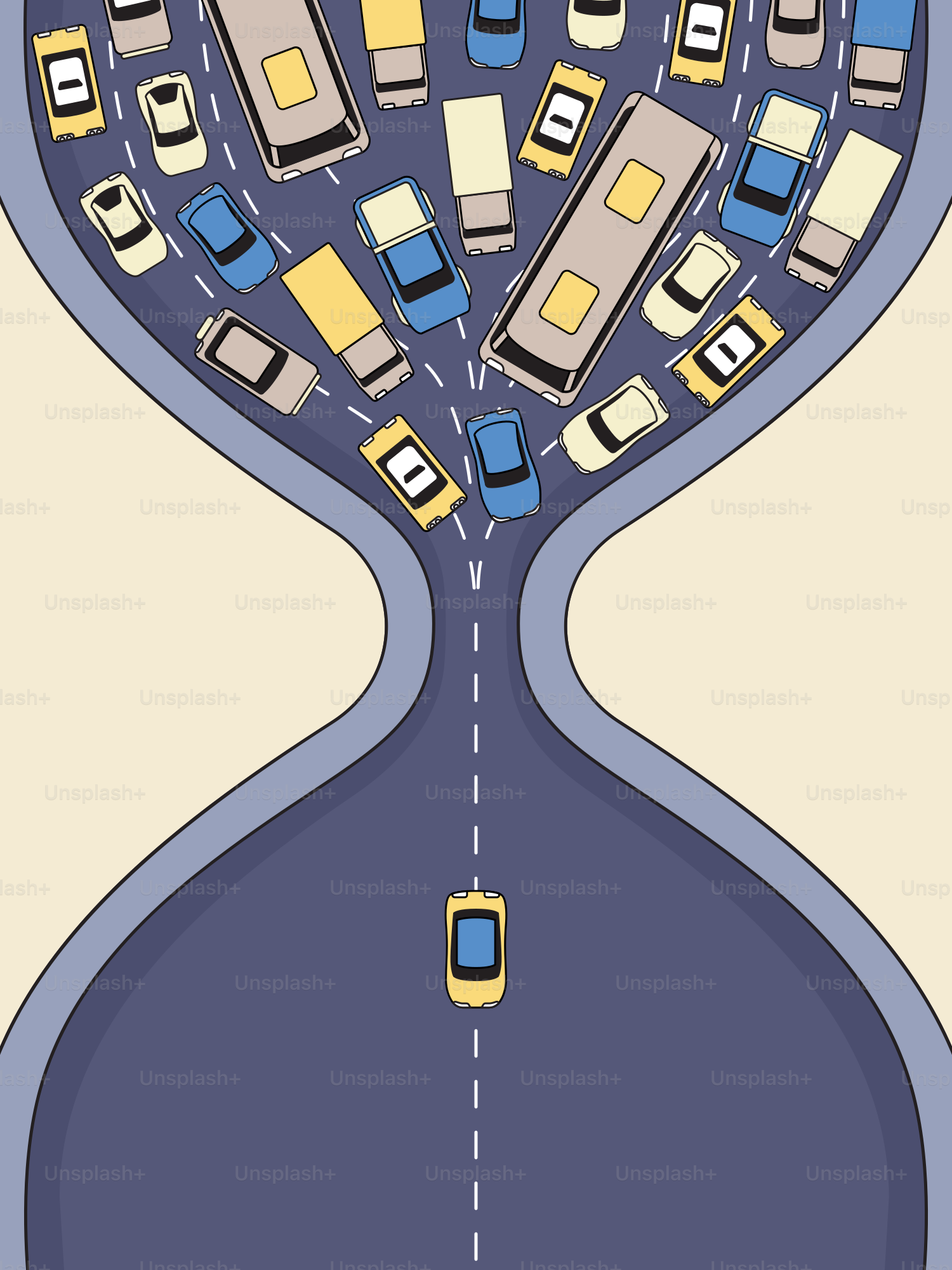 Cars in a traffic jam funnel into one lane.