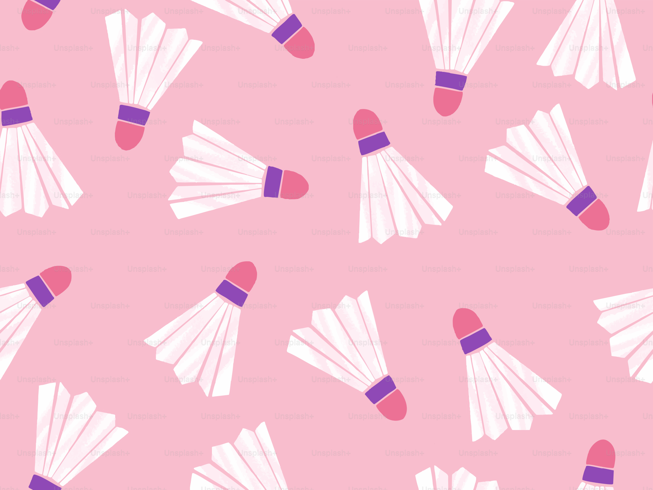 Many badminton shuttlecocks are shown on pink.