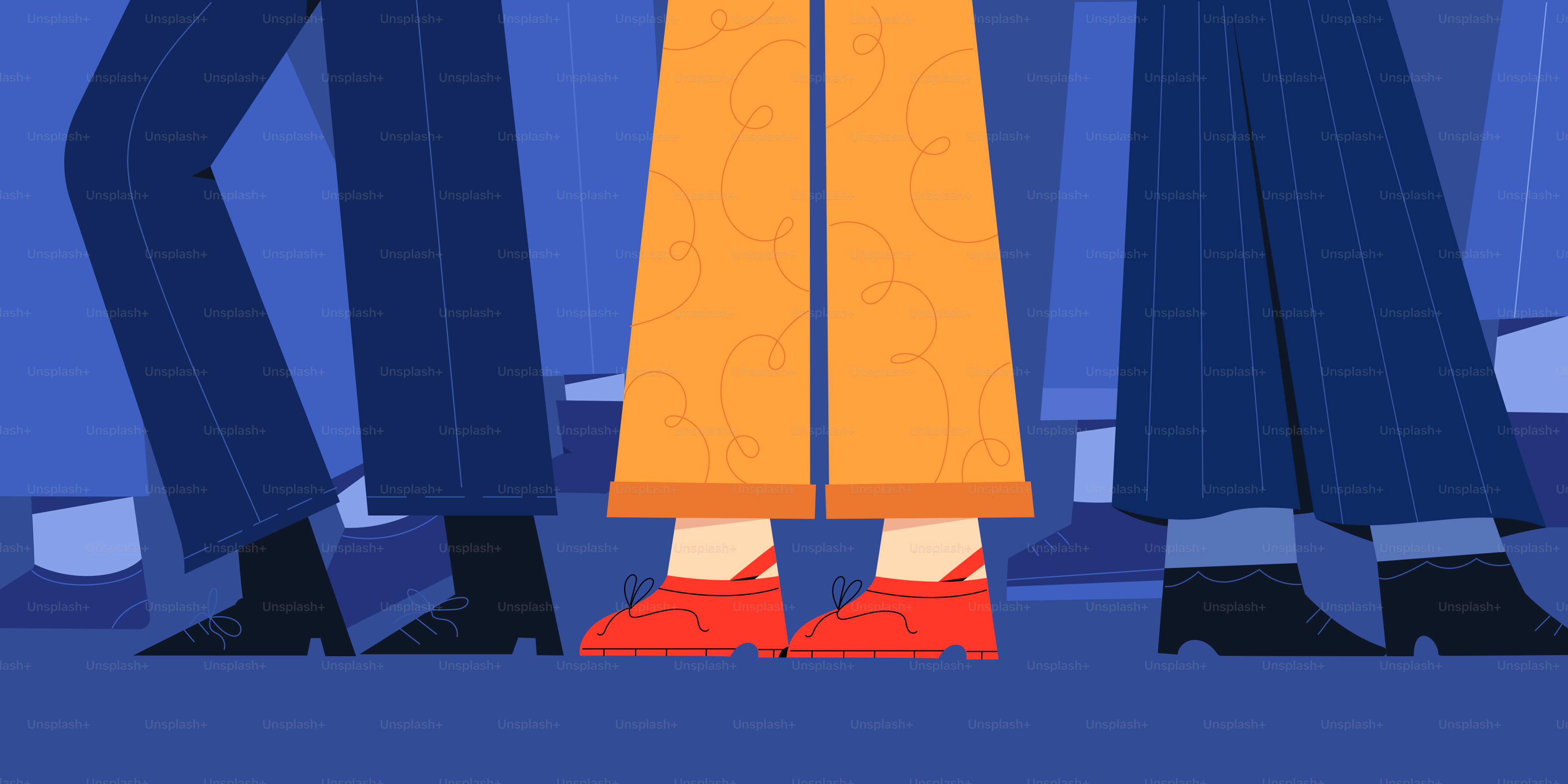 Feet and legs of people are shown.