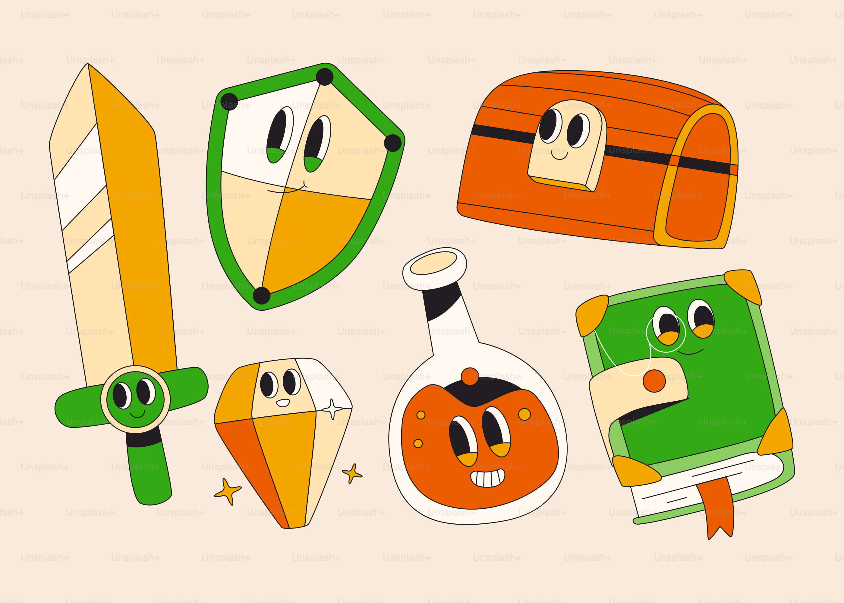 Cartoon game items with googly eyes.