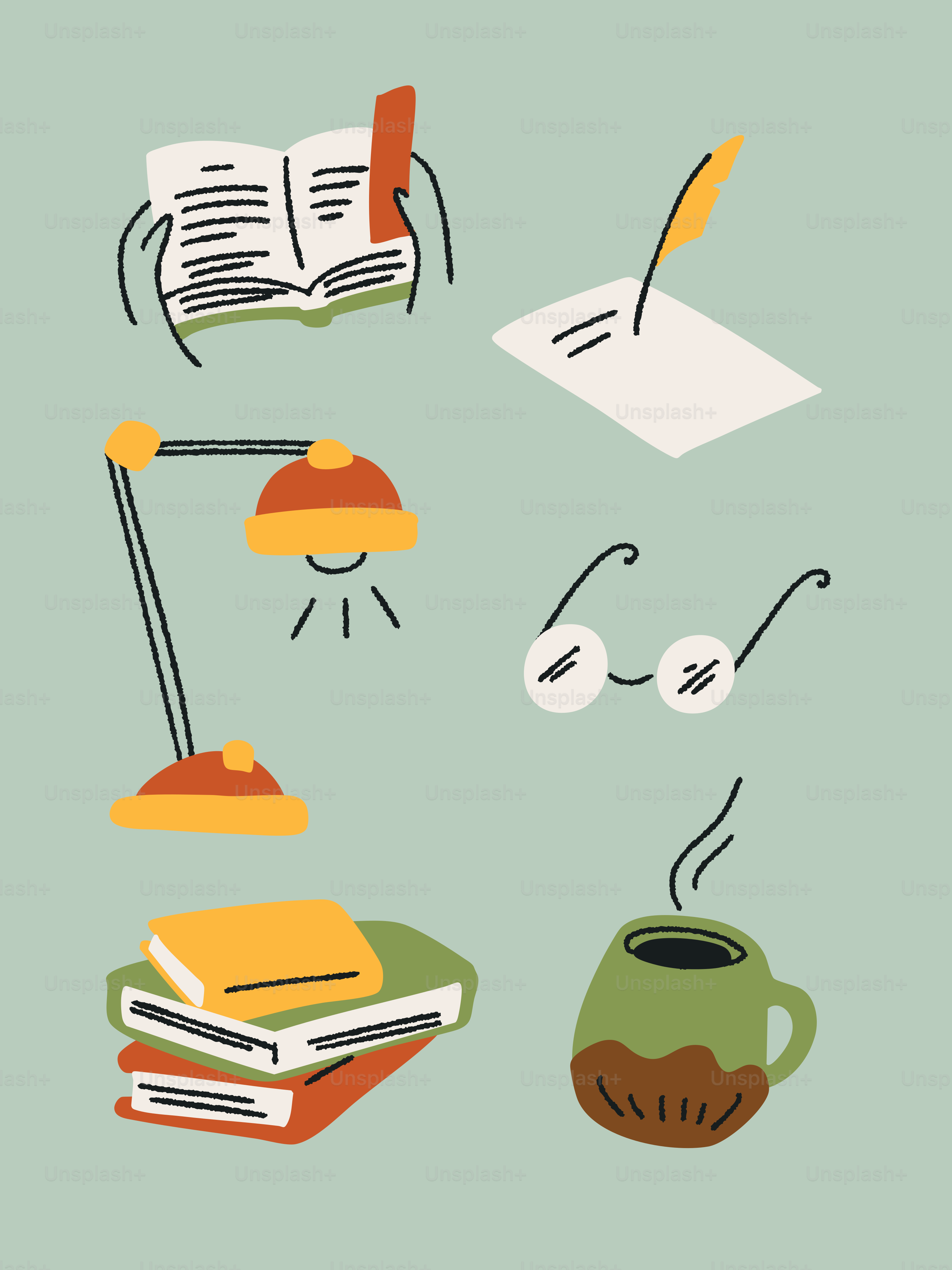 Des accessoires de lecture et d’écriture sont exposés.