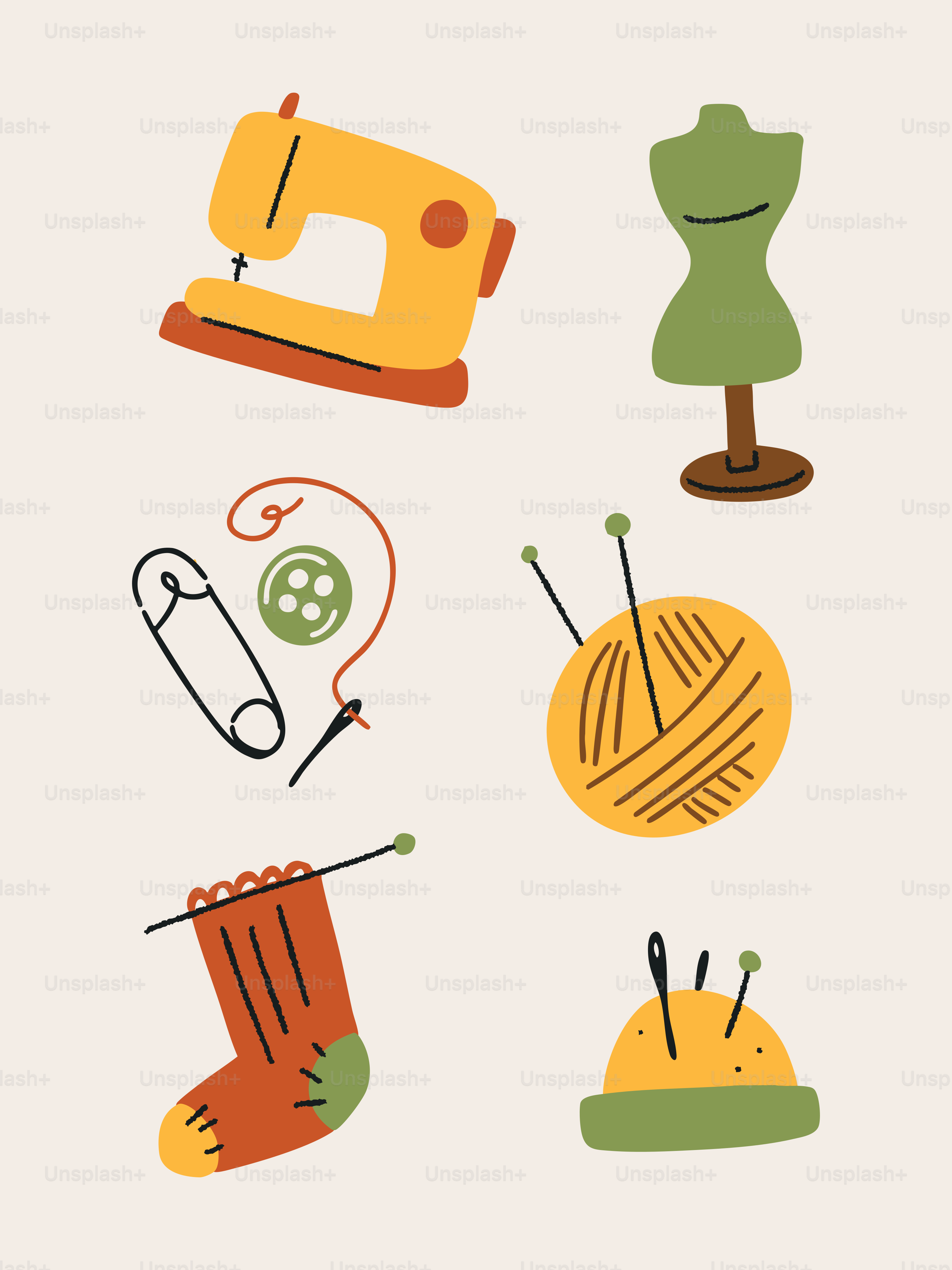 Des outils de couture et de tricot sont présentés dans cette illustration.