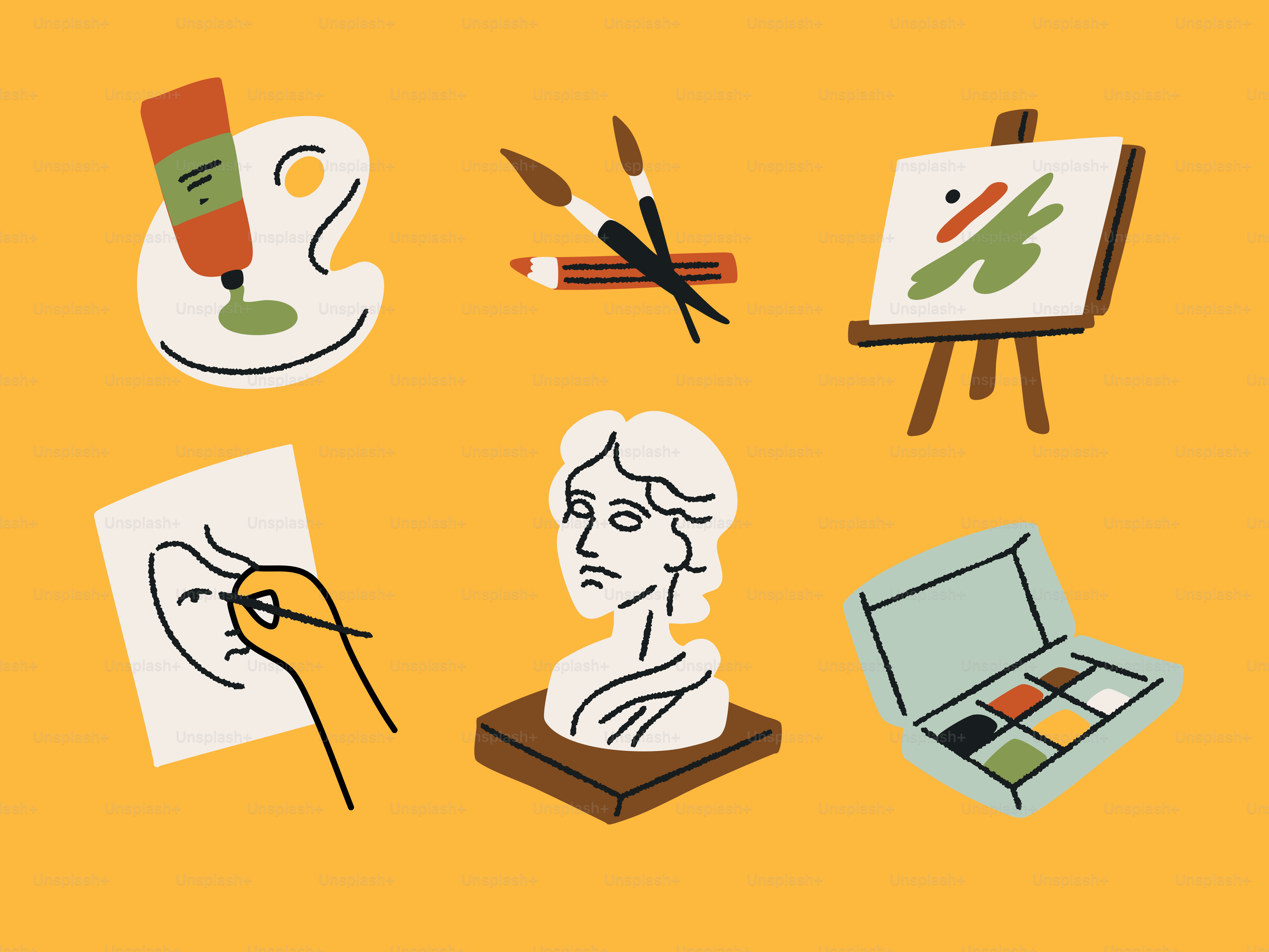 Les fournitures et les outils d’art sont disposés sur un fond jaune.