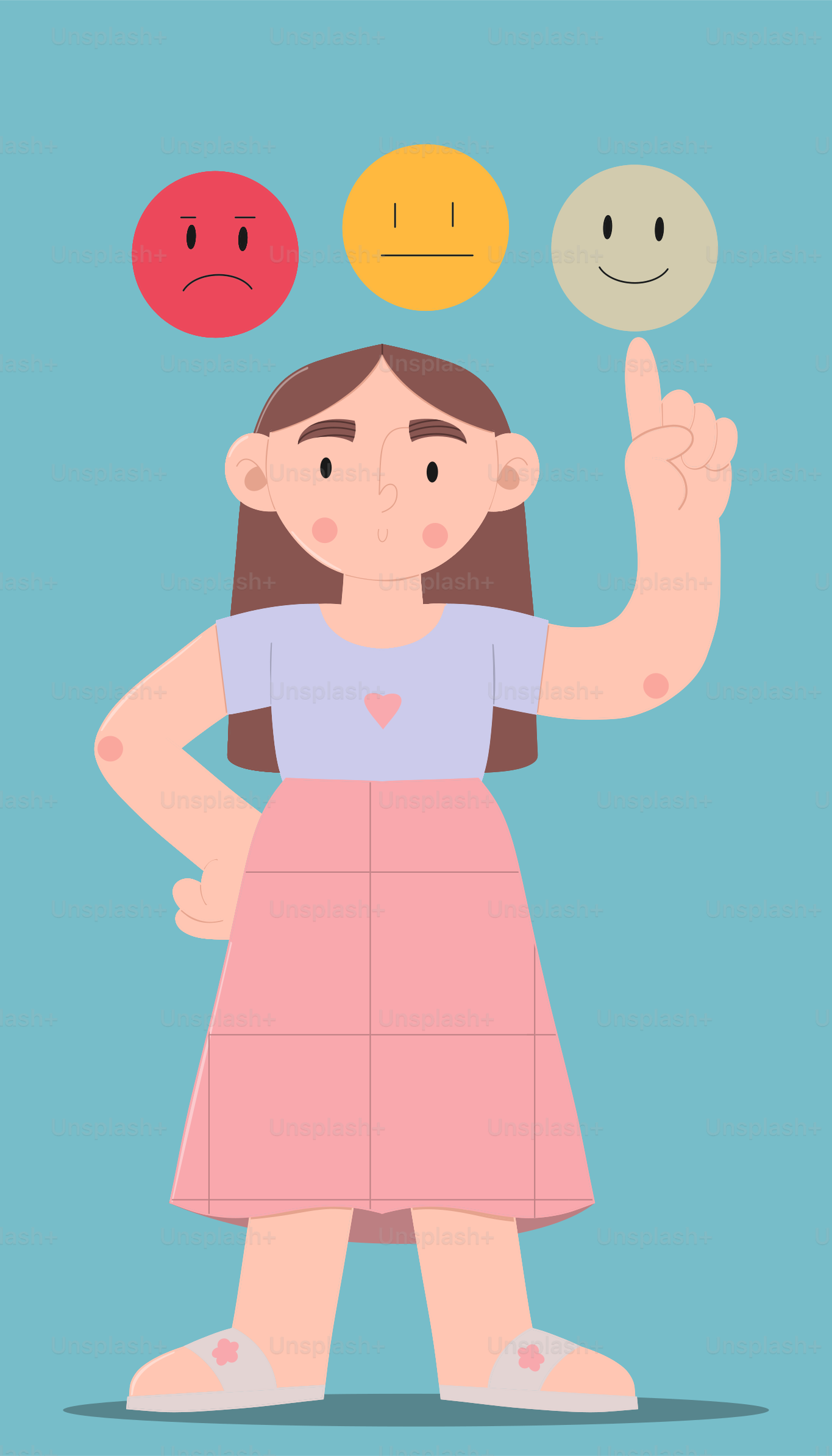 Mujer señalando un emoticón de cara feliz.