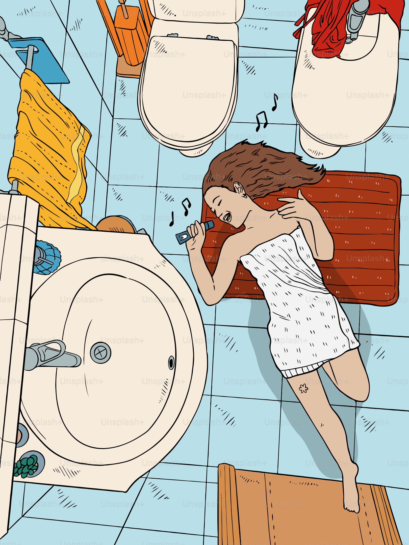 Woman sings in her bathroom after a shower.