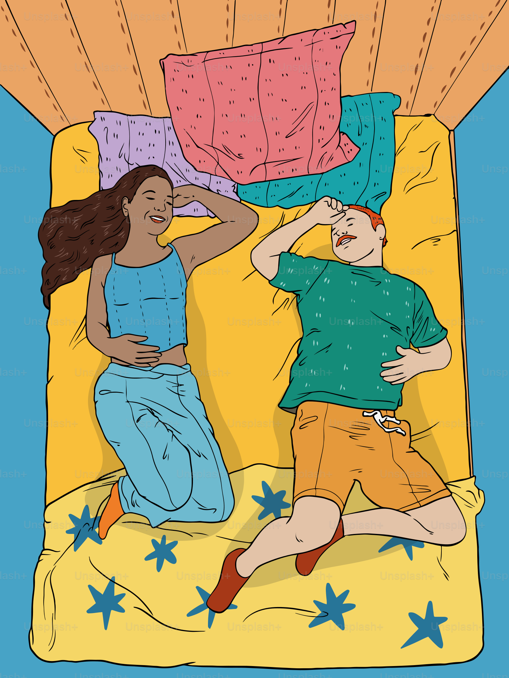 Un couple se détend joyeusement au lit ensemble.