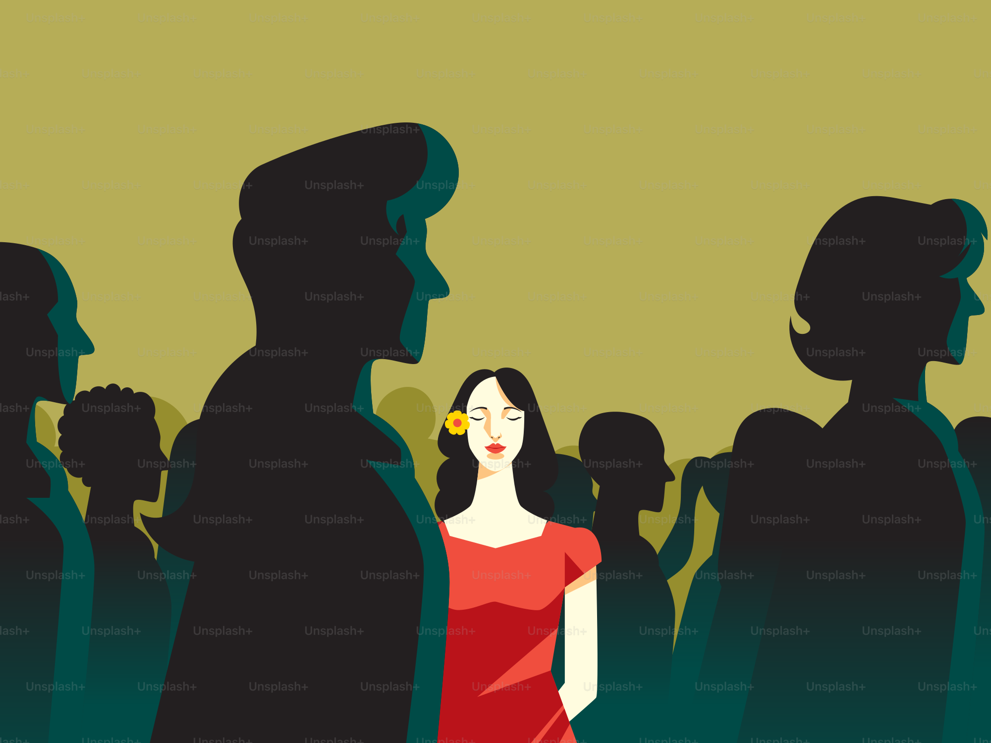 A woman stands out in a crowd.