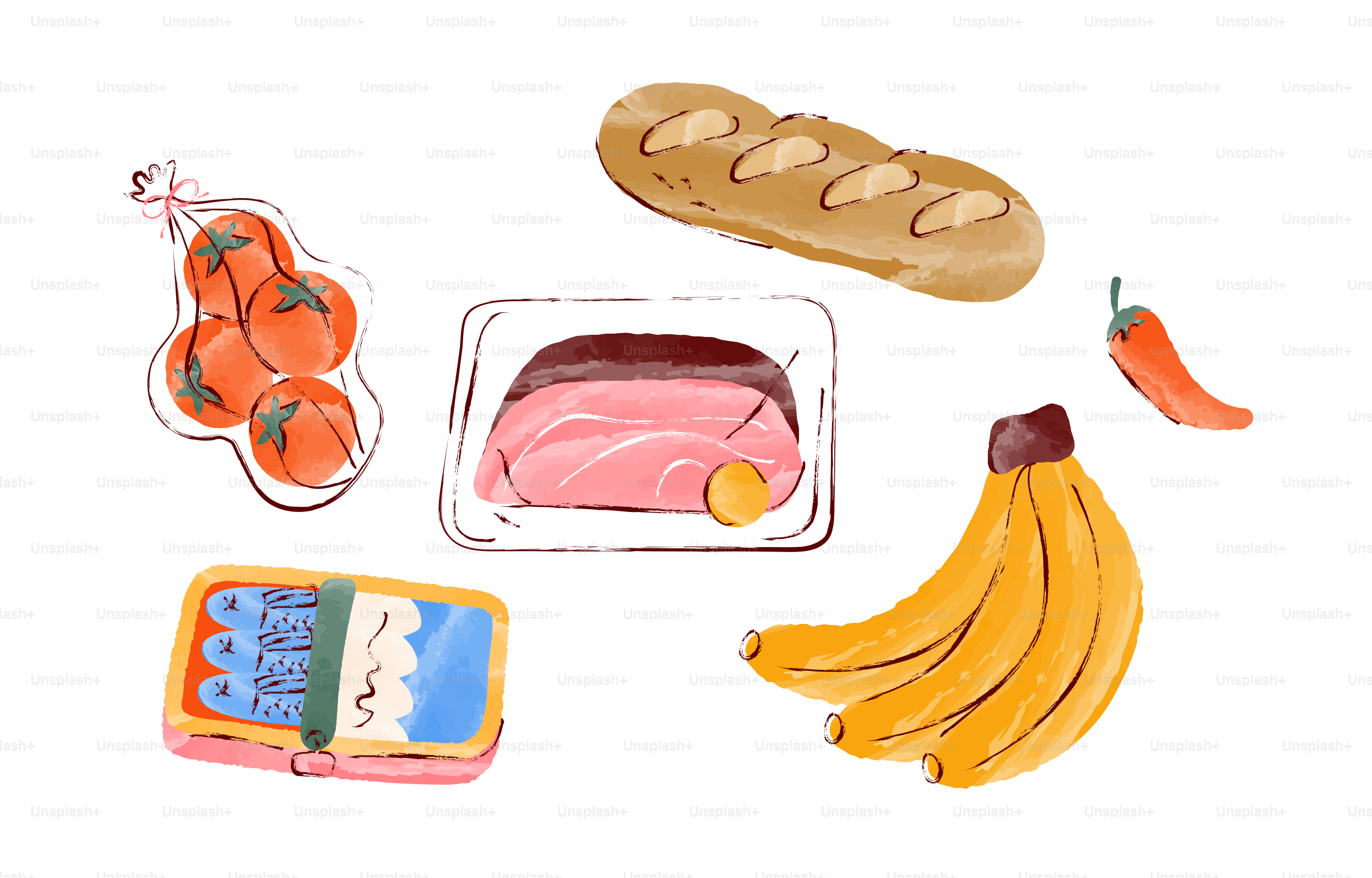 Food items, including bread, bananas, and tomatoes.