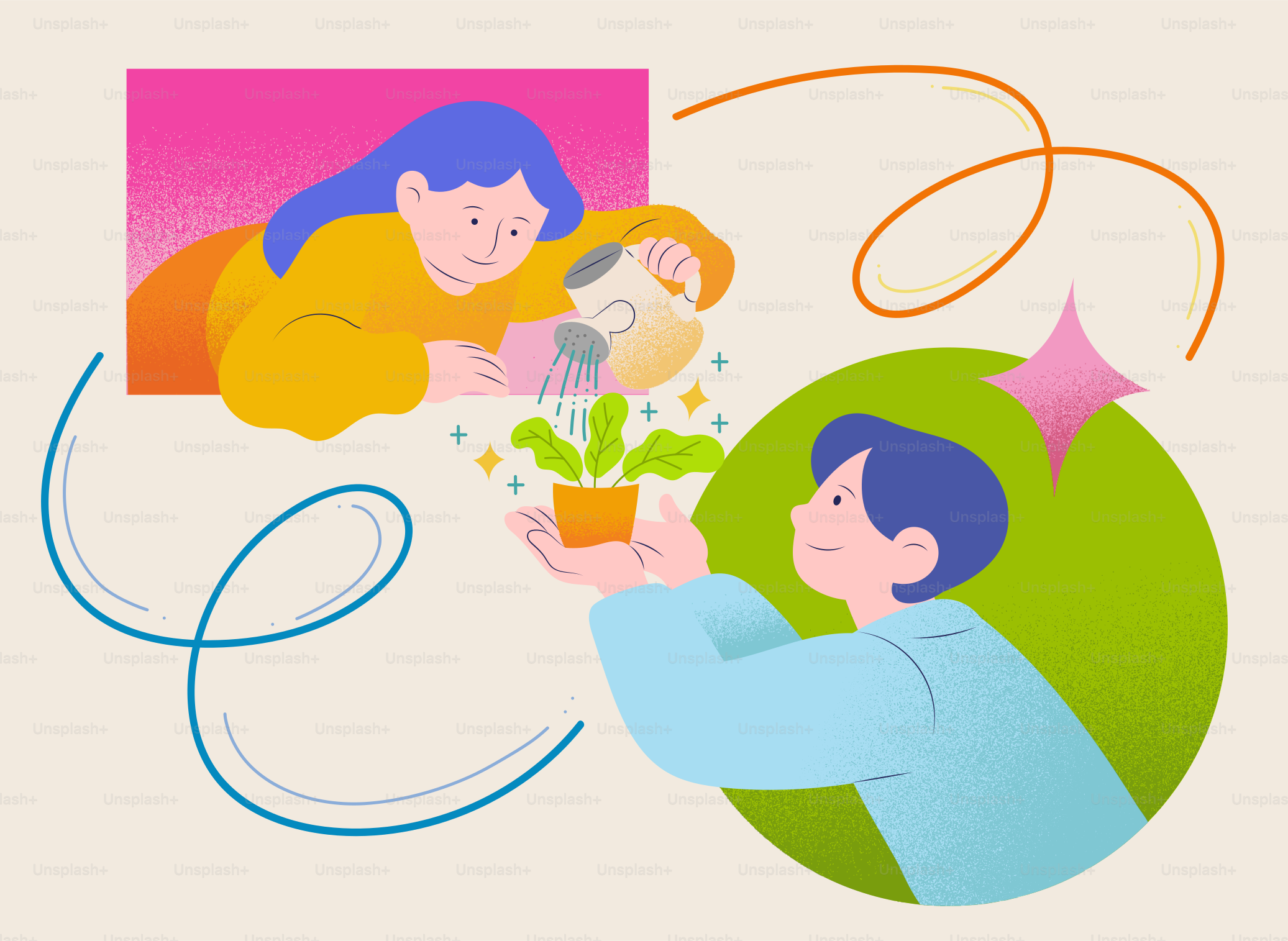 Someone is watering a plant in the other person's hands. vector ...