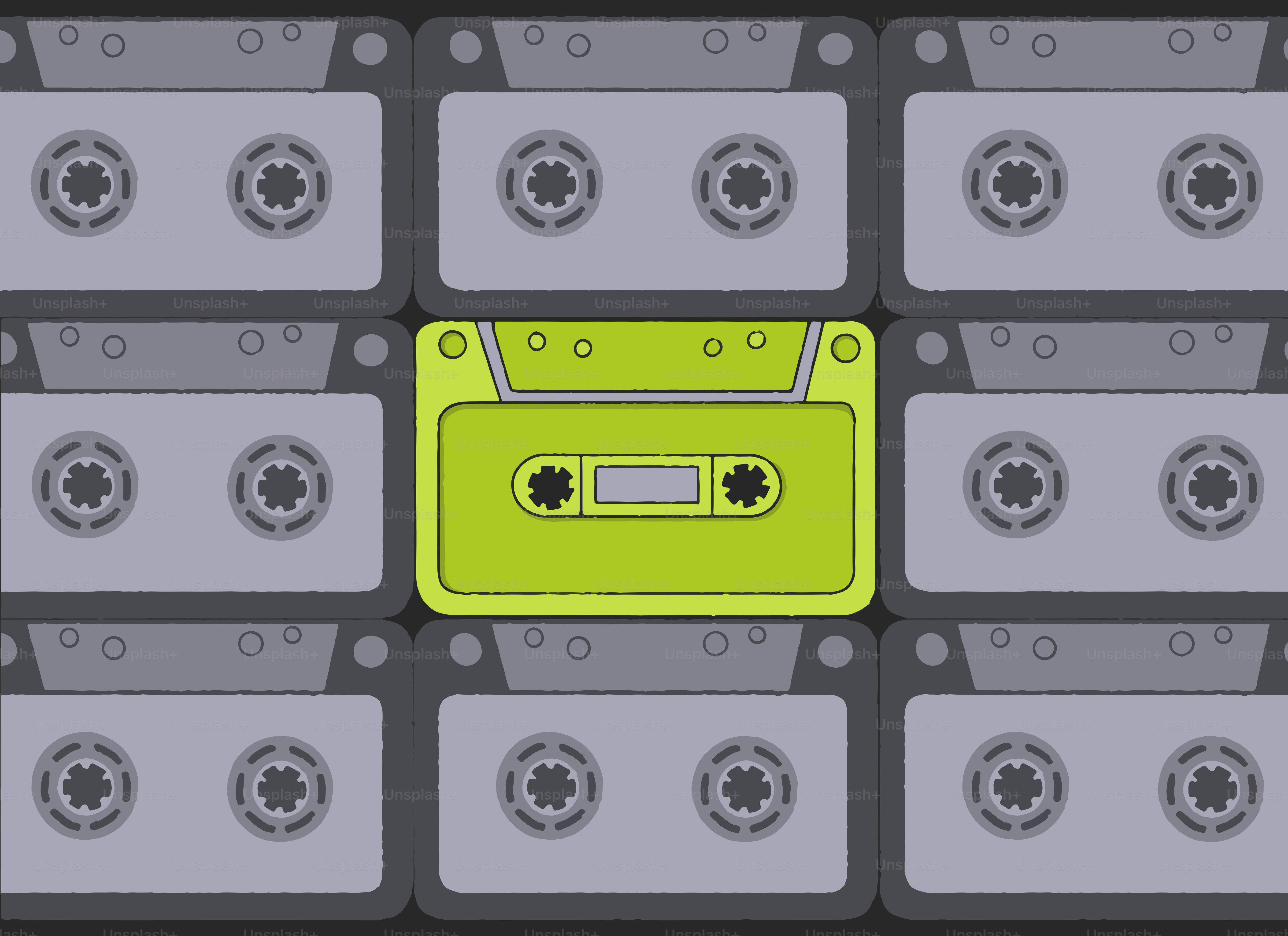 A green cassette tape among many gray ones.