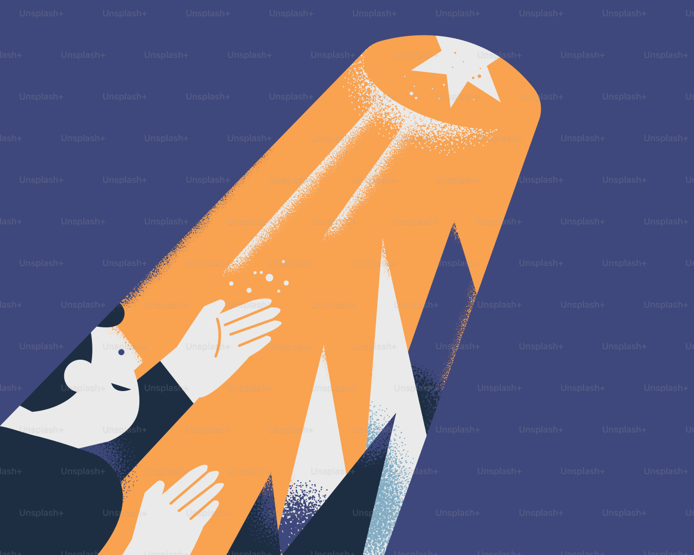 A man reaches towards a bright, starry light.