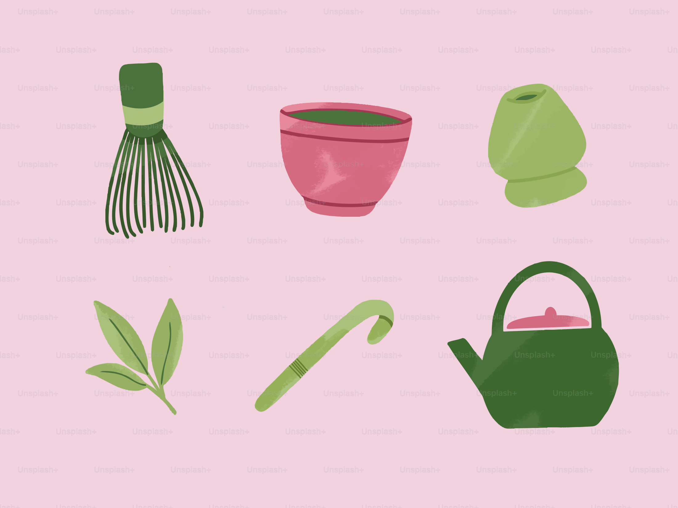 Matcha tea preparation tools are displayed.