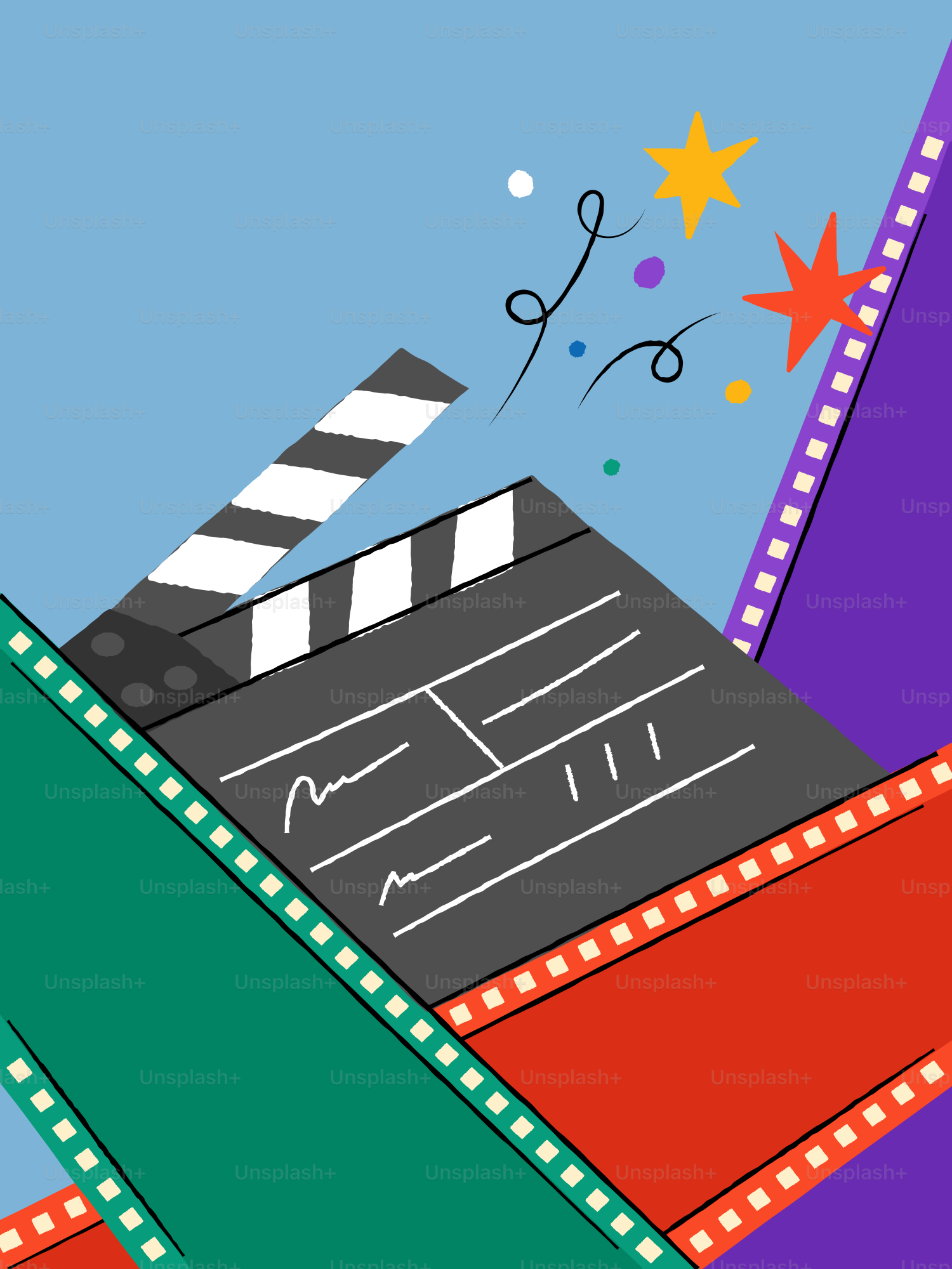 A movie clapper board with film strips.