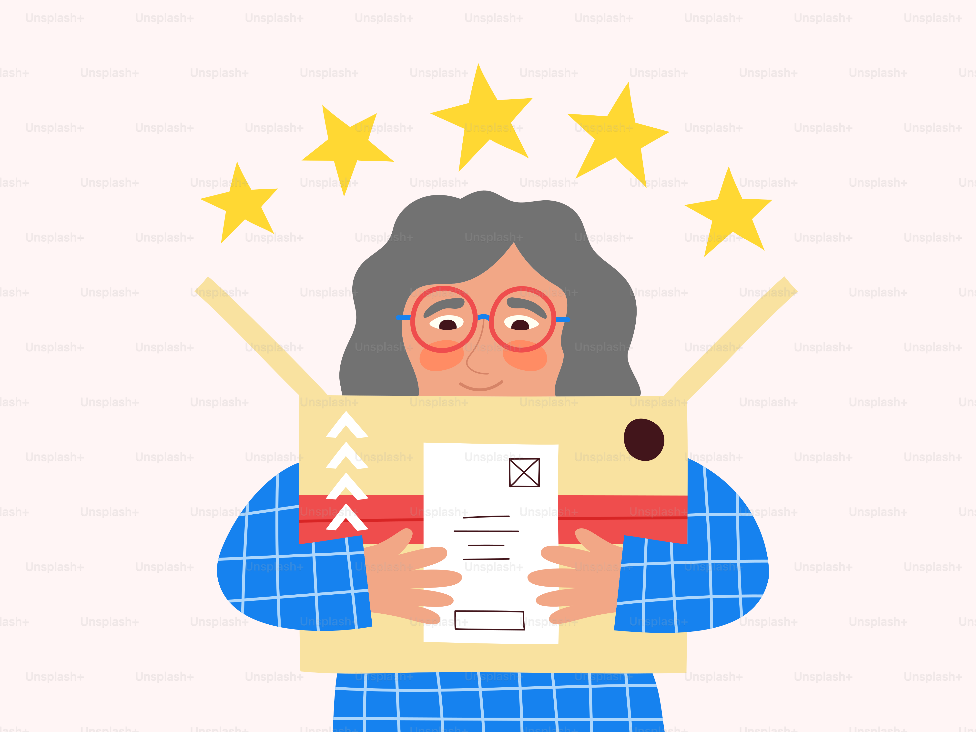 La mujer feliz recibe un paquete de cinco estrellas.