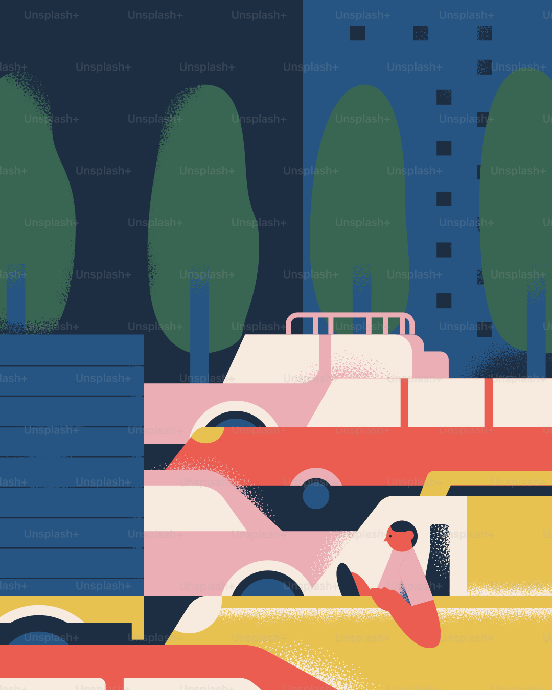 Cars are parked in a stylized urban environment.