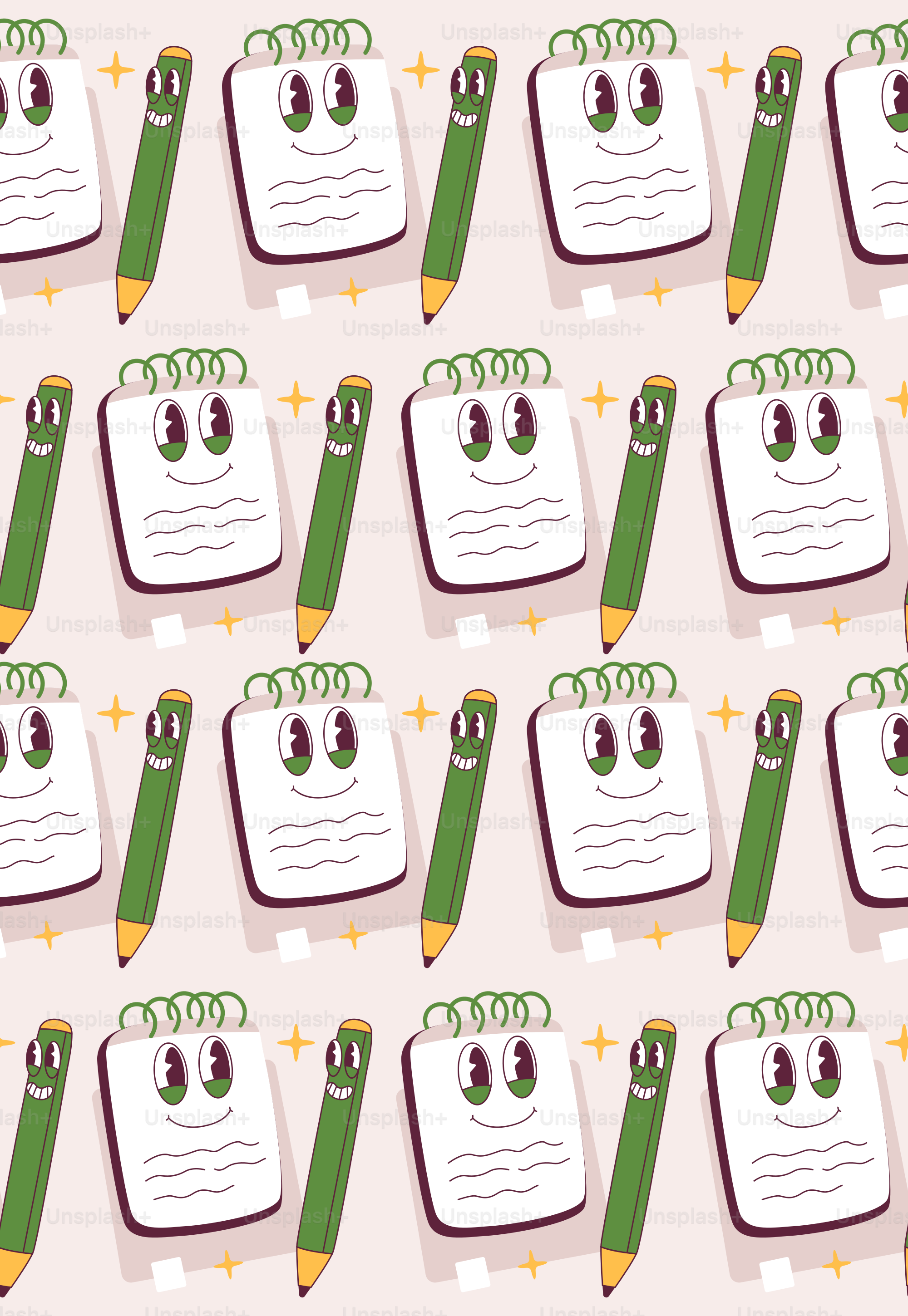 Smiling notebooks and pencils repeat across a background. vector ...