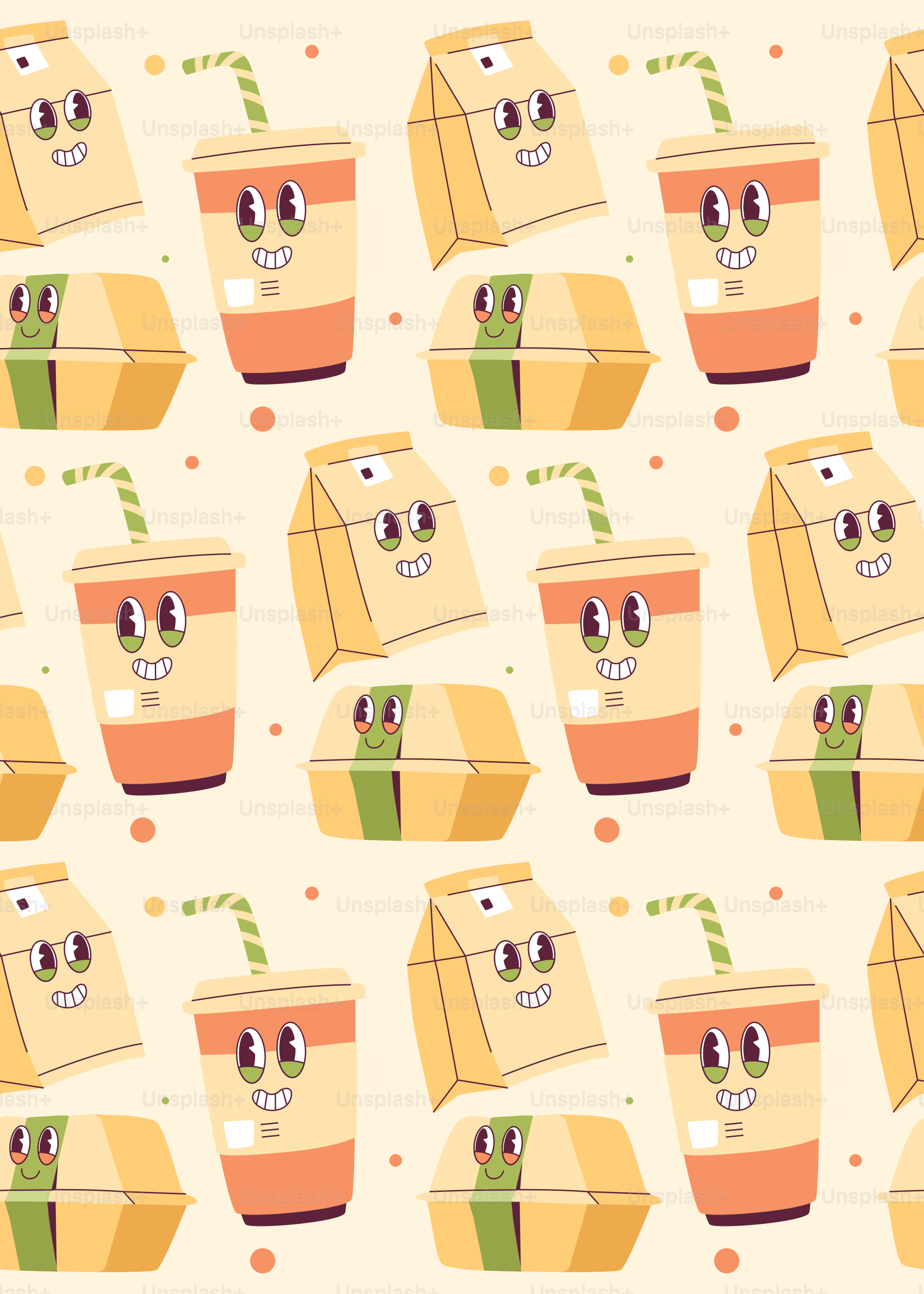 Cartoon fast food pattern with smiling faces.