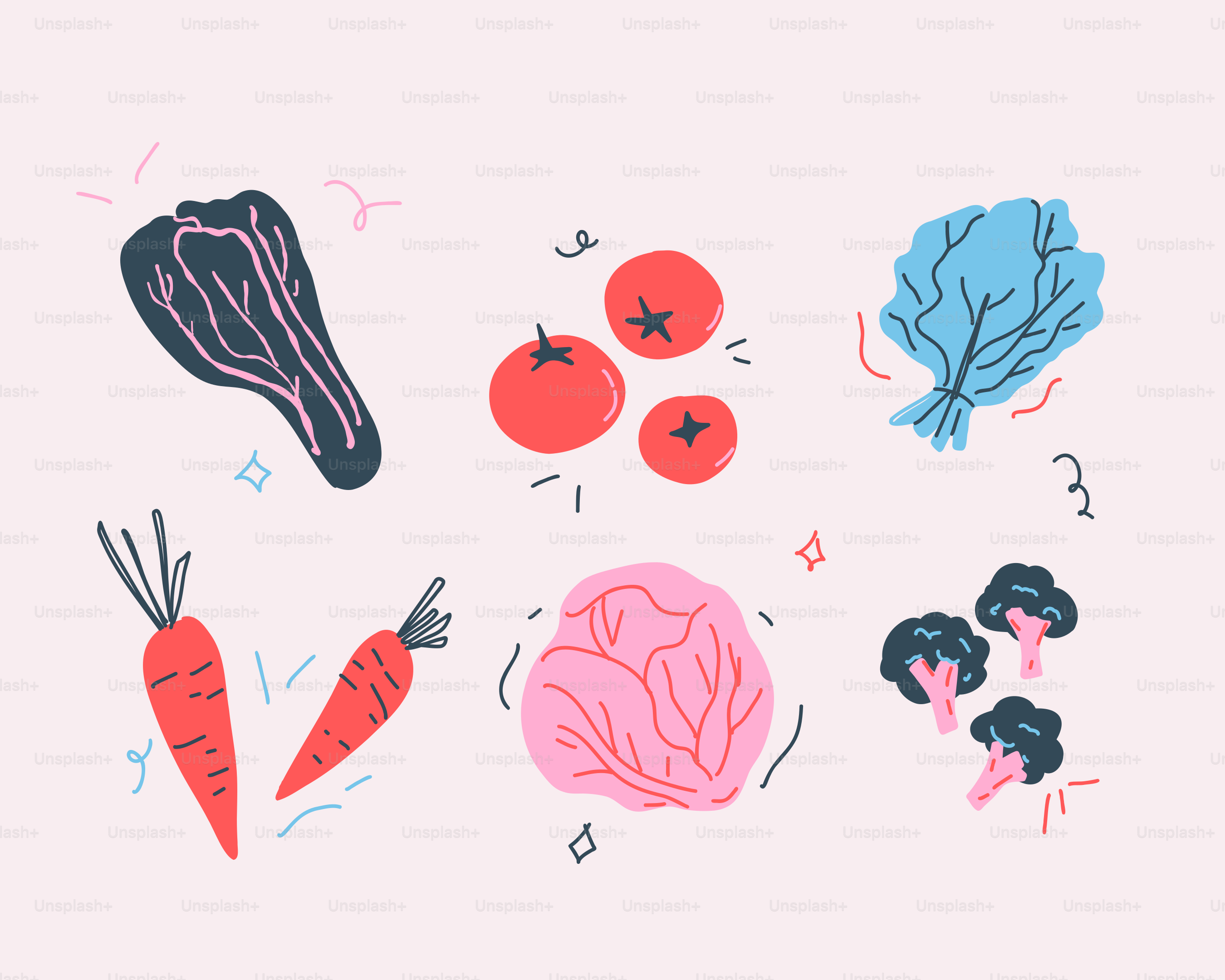 Illustrazioni colorate di varie verdure e prodotti.