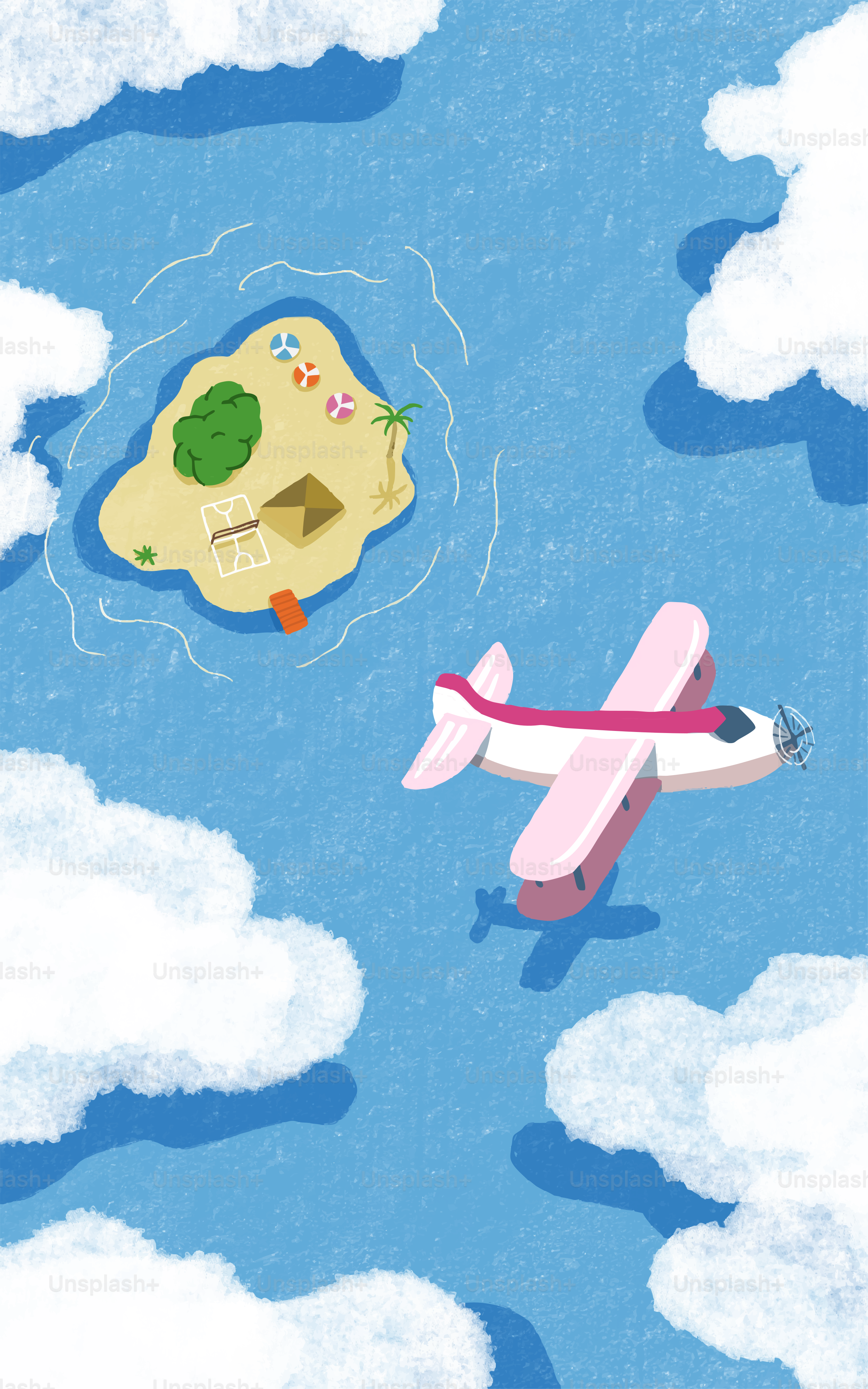 A plane flies above an island in the ocean.