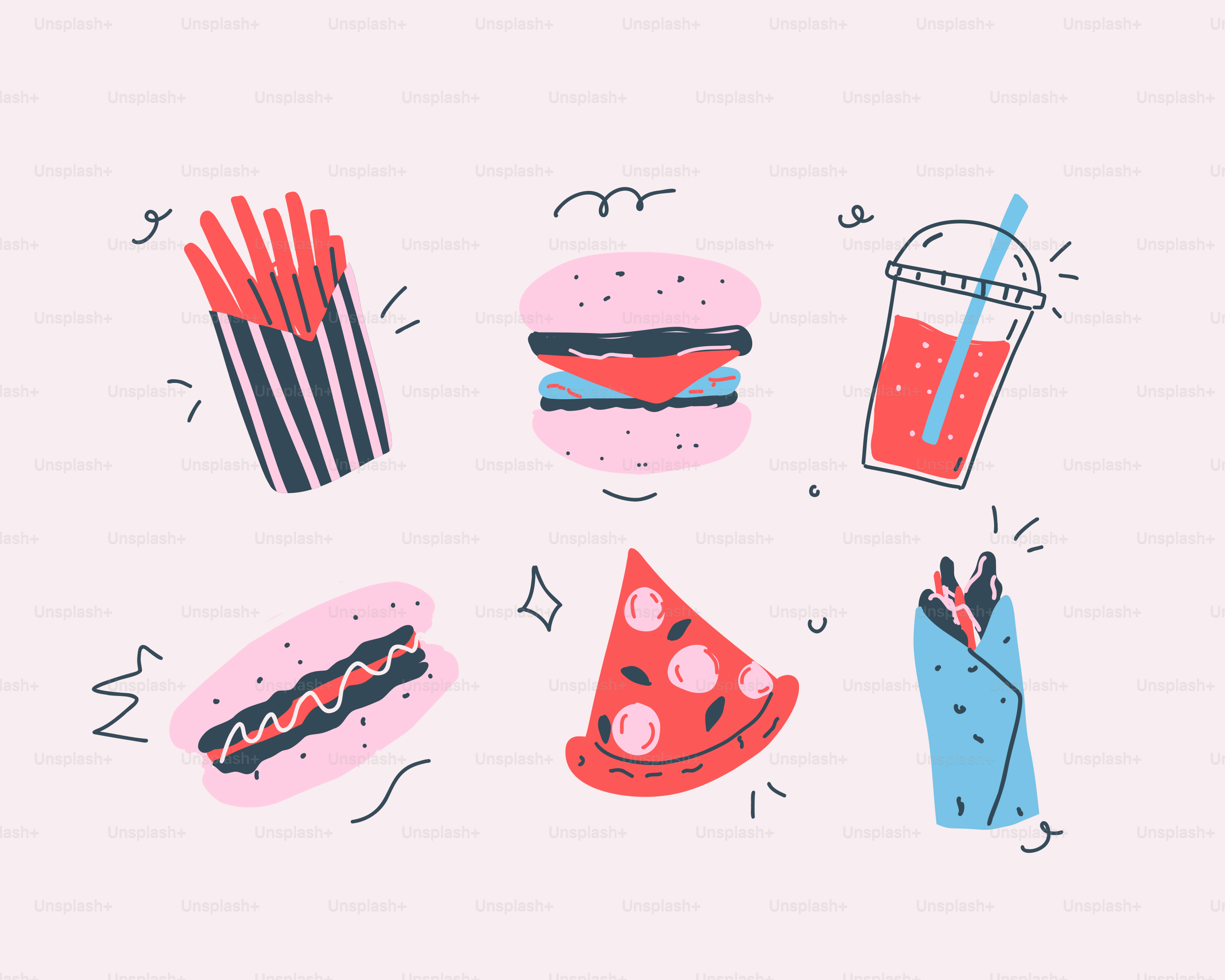 Various delicious fast food items are presented.