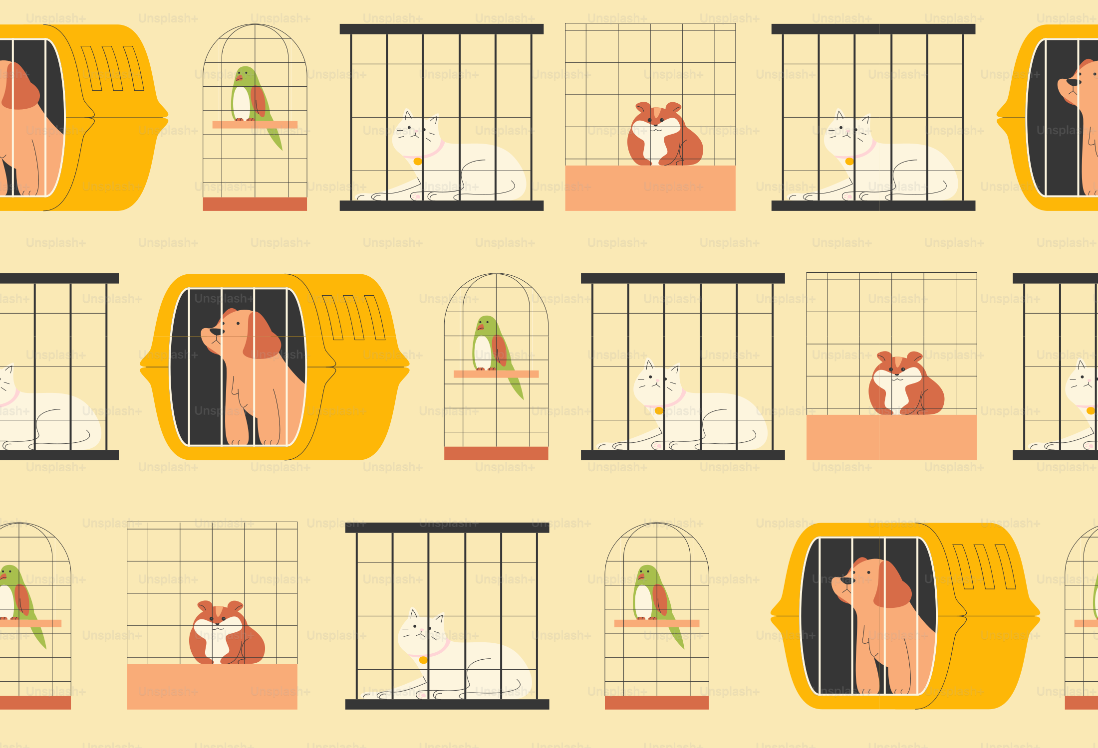 Various pets are pictured in cages.