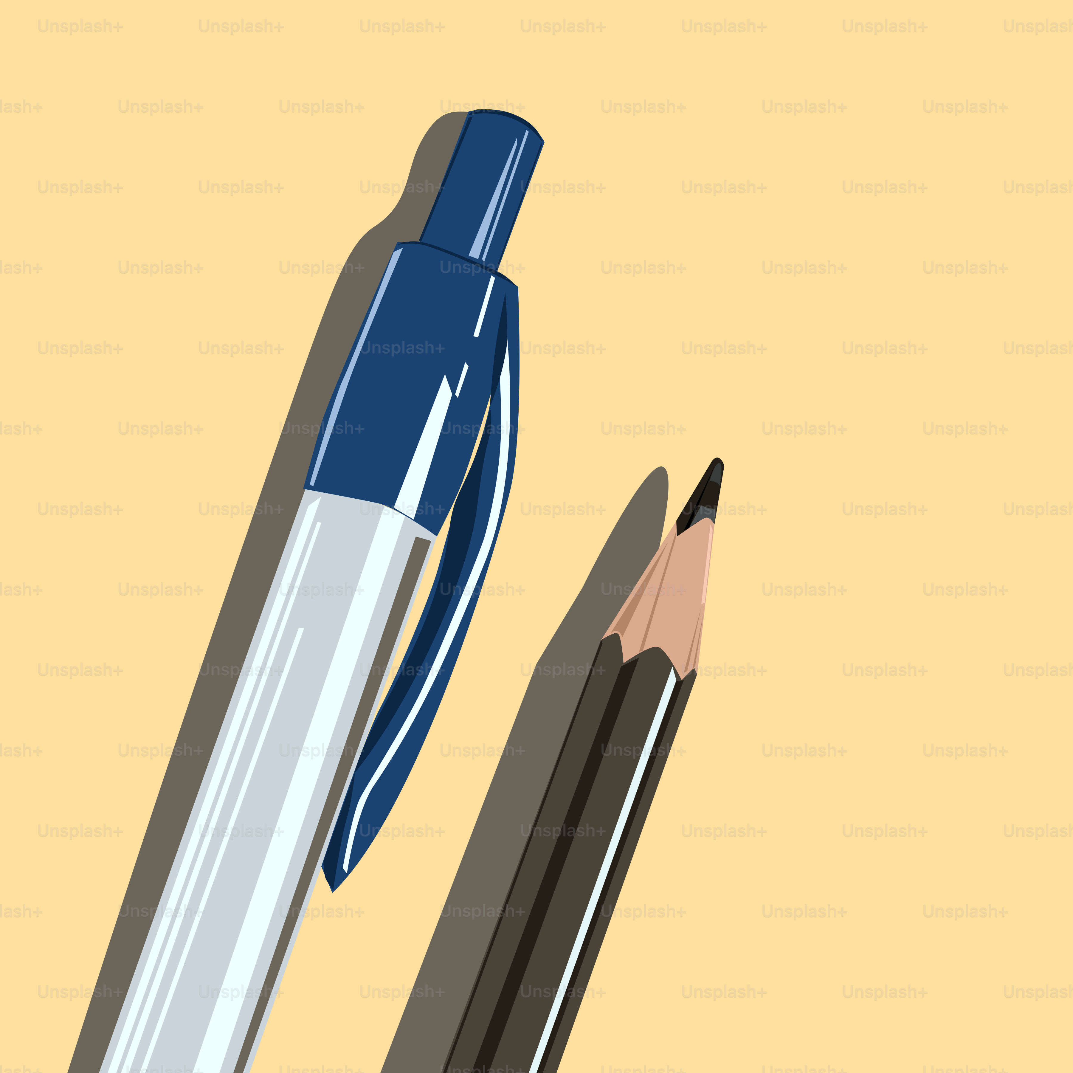 Ein Stift und Bleistift warfen Schatten auf Gelb.