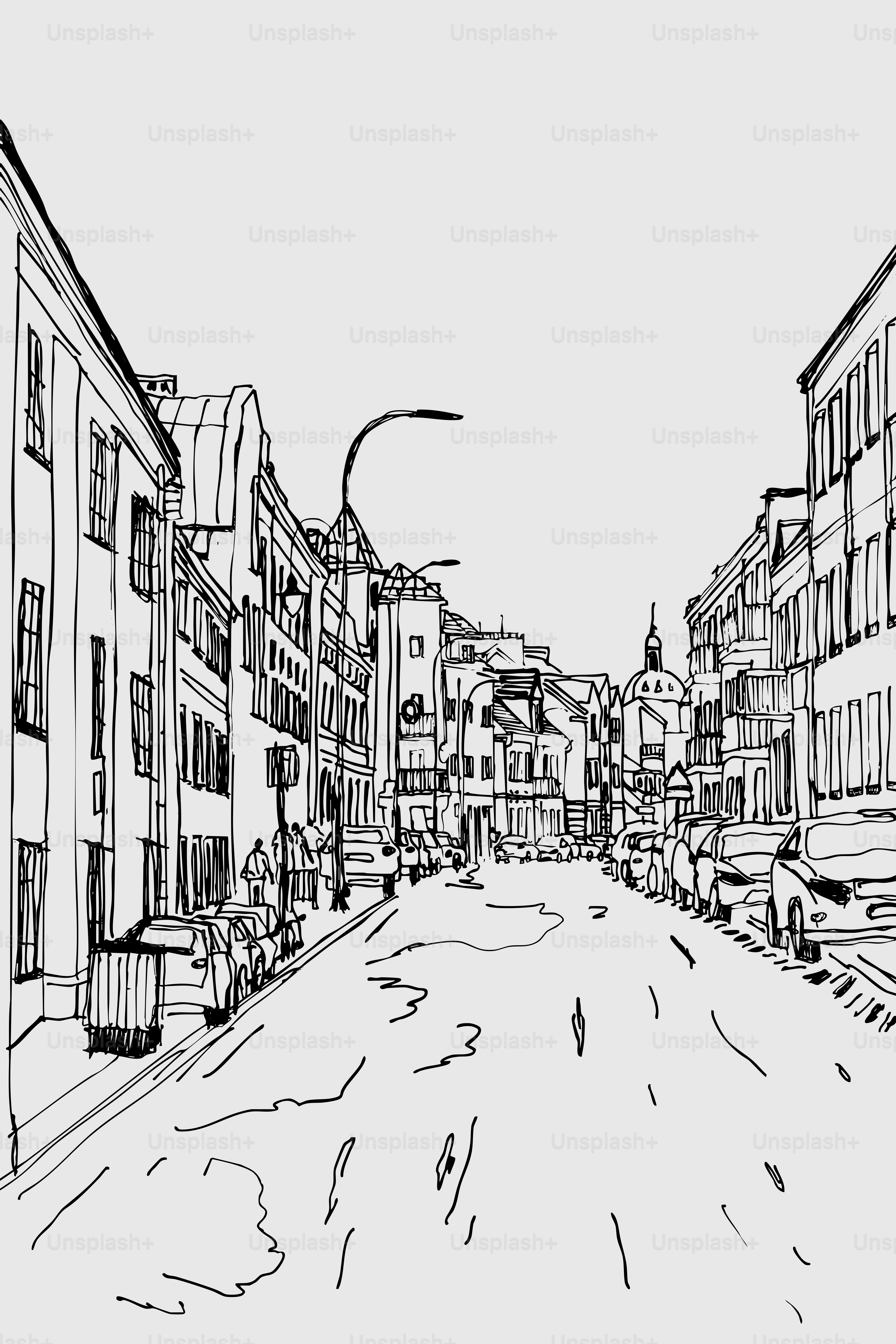 A street in a european city is drawn.