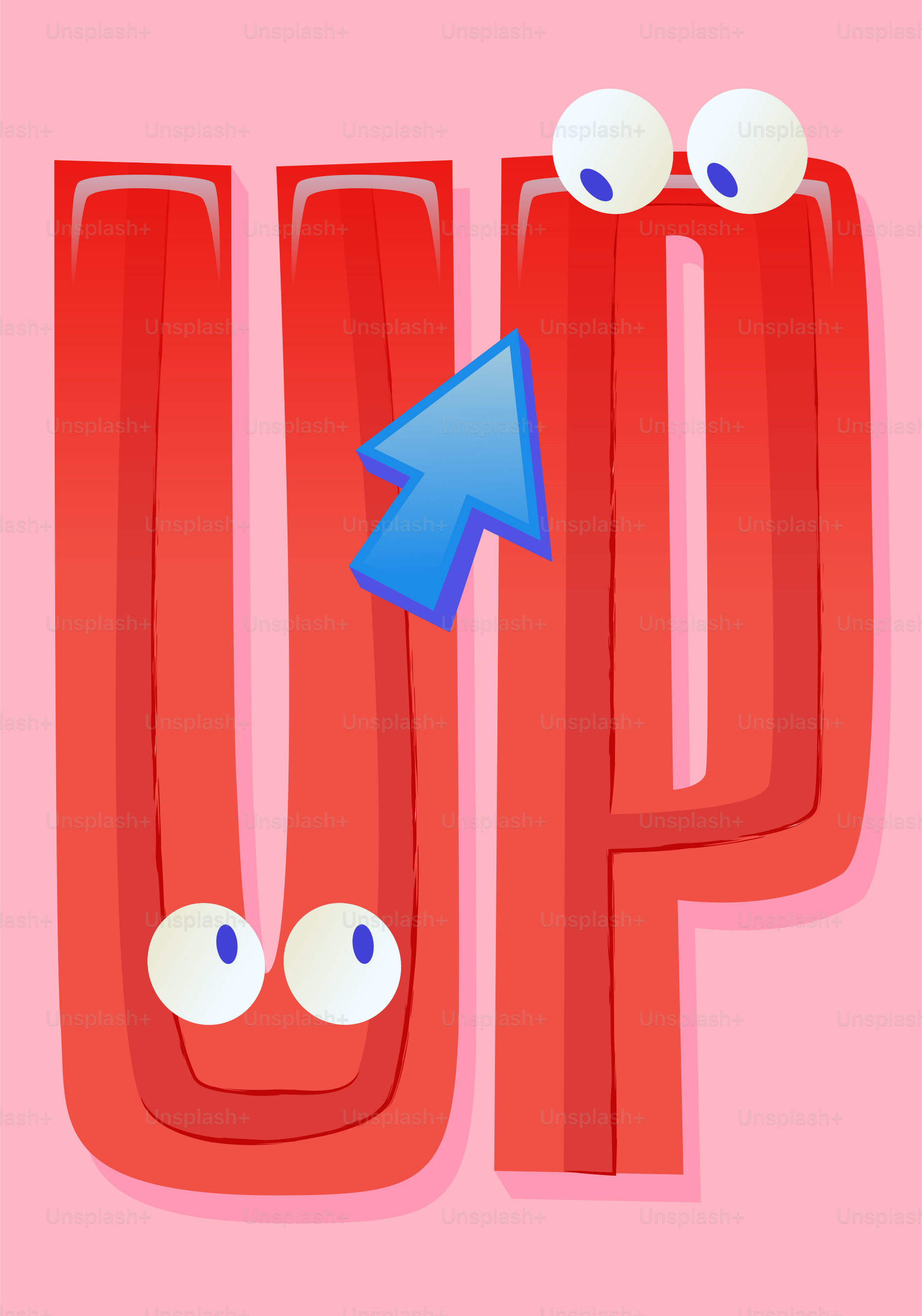 アニメーション化された目と青い矢印の「アップ」の文字。