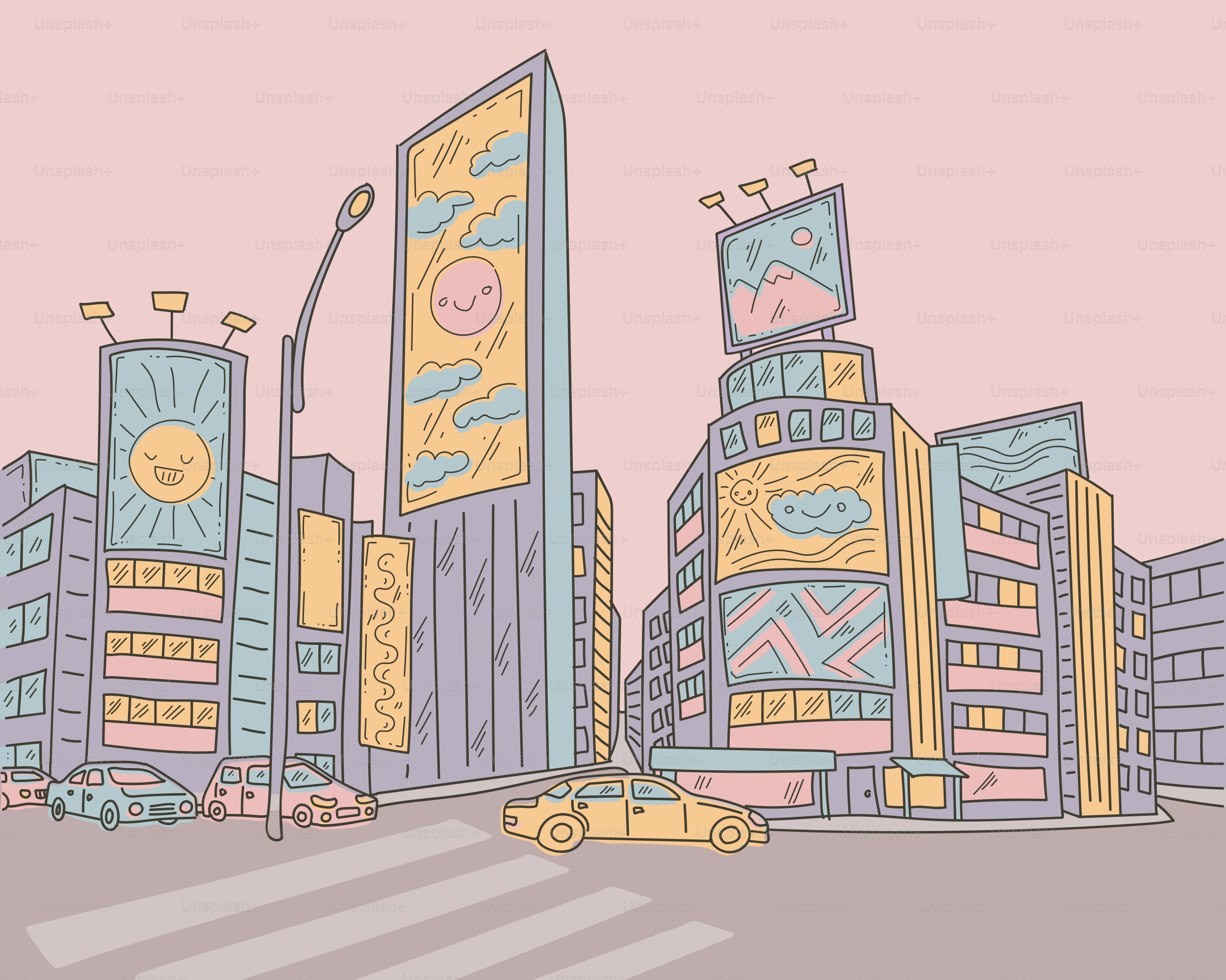 A cartoon city street with pretty pastel colors.