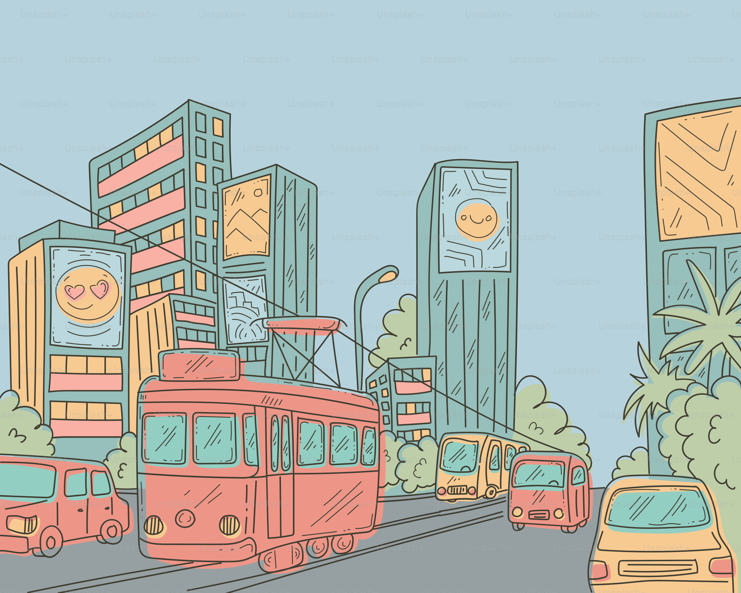 City street scene with cars, trams, and skyscrapers.