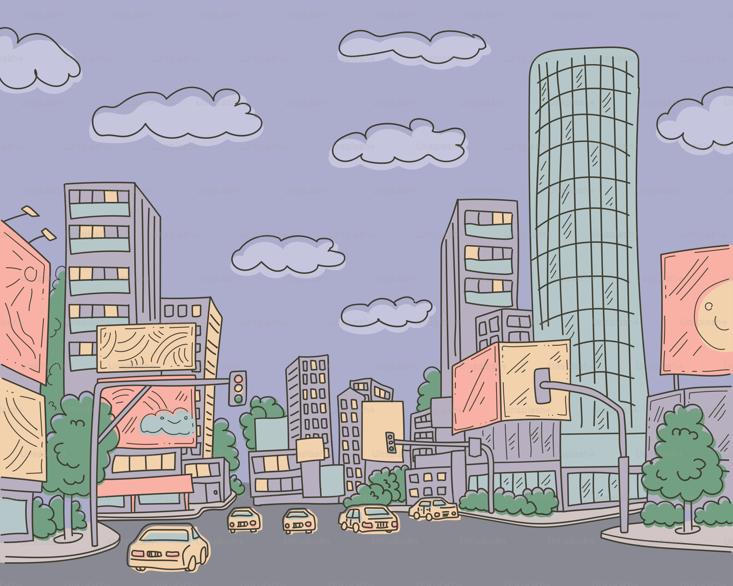 A colorful cityscape underneath a cloudy evening sky.