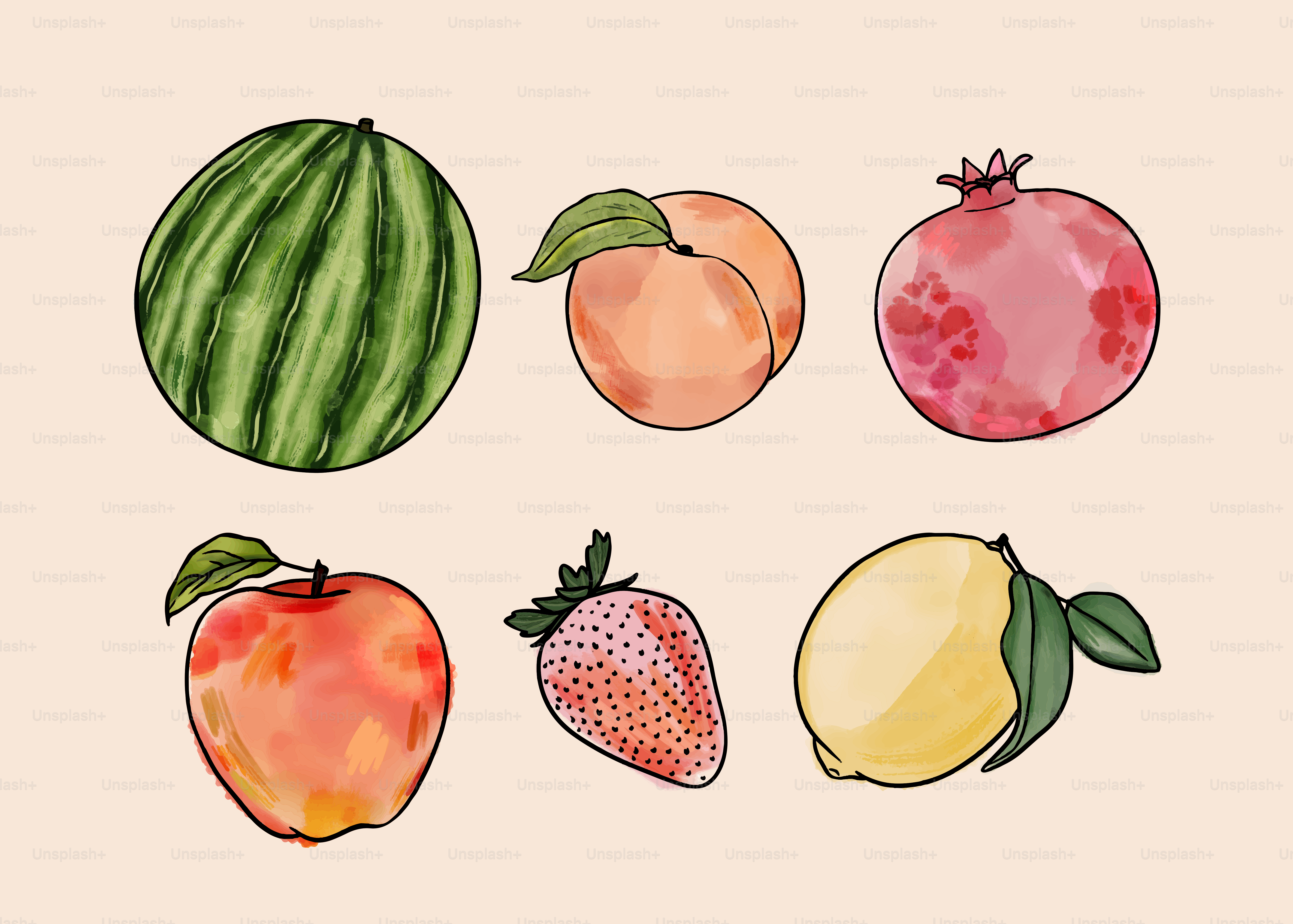 Watercolor illustration of various fruits.