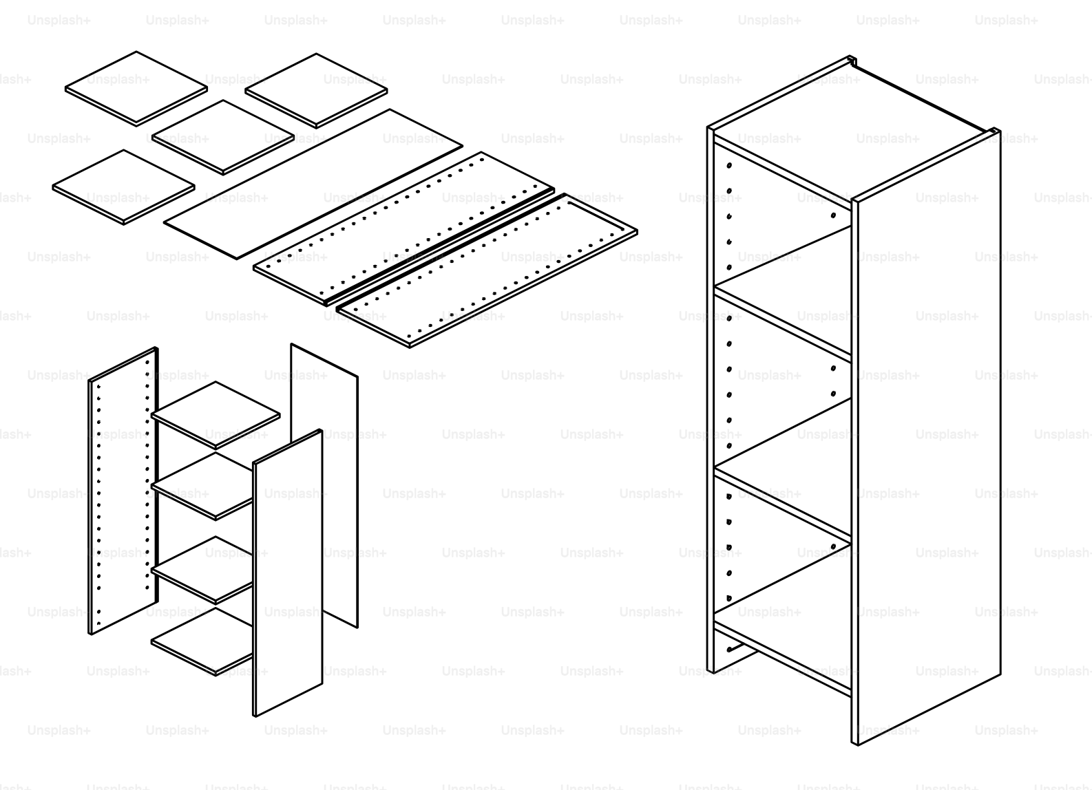 Cabinet pieces and assembled cabinet.